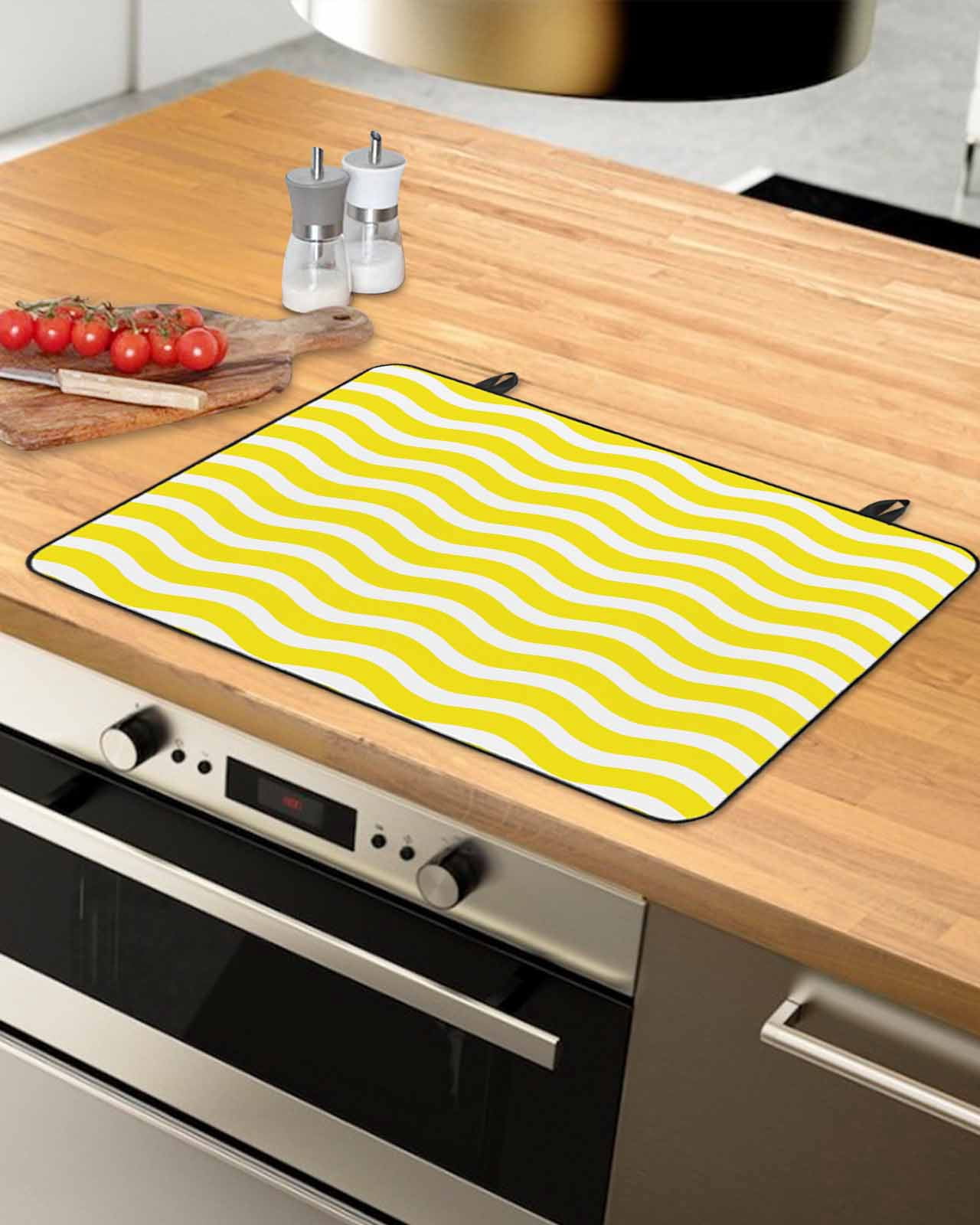 nqOlkjepod Large Induction Cooktop Protector Mat 24"x21", Yellow White Stove Top Covers for Electric Stove, Modern Abstract Waves Water Ripple Striped Stove Burner Cover Mats, Glass Top Stove Cover