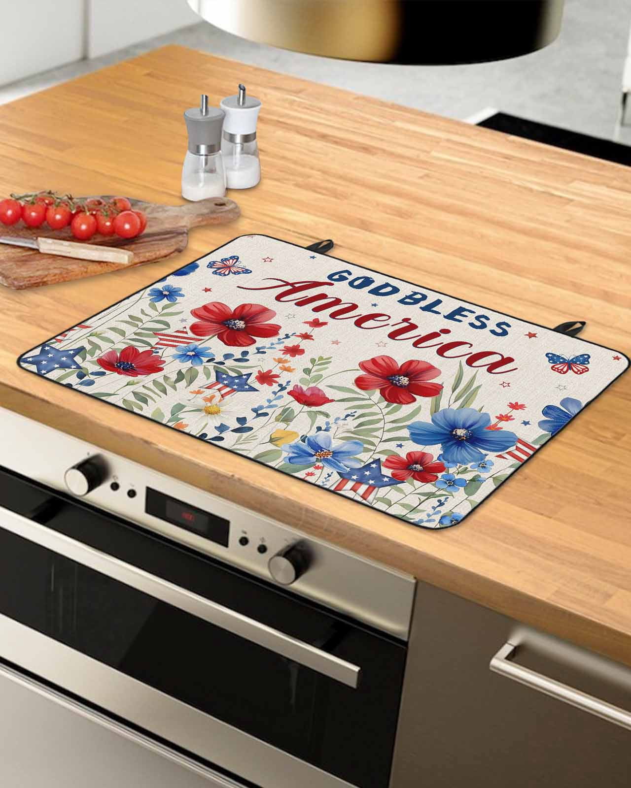 nqOlkjepod Large Induction Cooktop Protector Mat 28.5"x20.5", 4th of July Stove Top Covers for Electric Stove, Independence Day Red Blue Floral Rustic Stove Burner Cover Mats, Glass Top Stove Cover