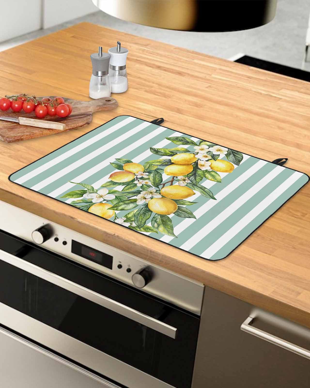 nqOlkjepod Large Induction Cooktop Protector Mat 28.5"x20.5", Aqua Stripes Lemon Stove Top Covers for Electric Stove, Spring Botanical Plant Vertical Line Stove Burner Cover Mats Stove Cover