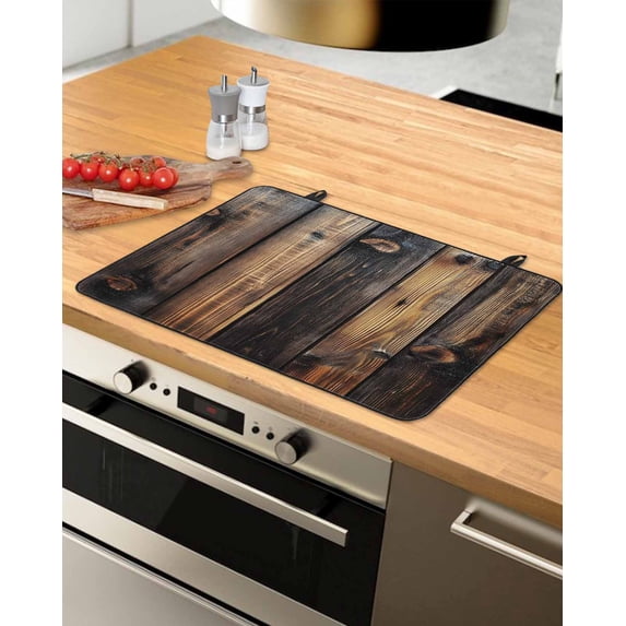 nqOlkjepod Large Induction Cooktop Protector Mat 28.5"x20.5", Black Brown Board Stove Top Covers for Electric Stove, Vintage Chic Shabby Wooden Grain Stove Burner Cover Mats, Glass Top Stove Cover