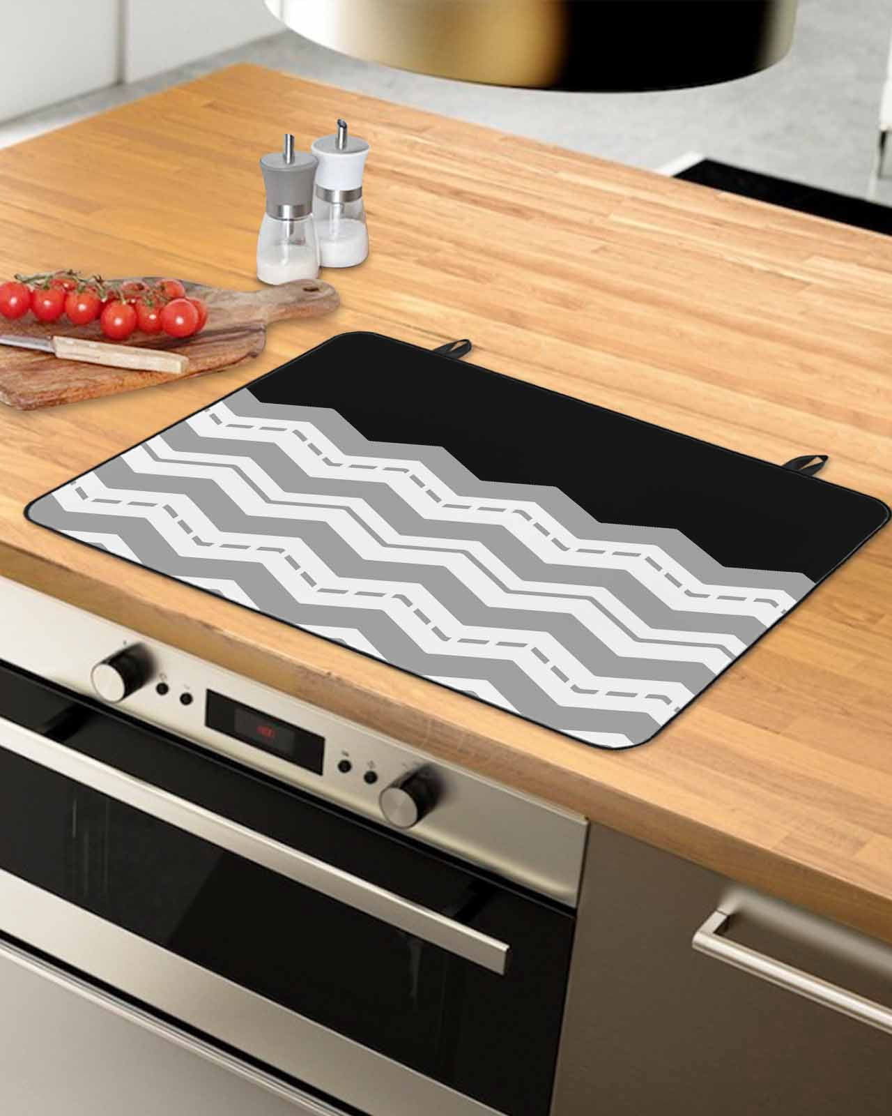 nqOlkjepod Large Induction Cooktop Protector Mat 28.5"x20.5", Black Grey Stove Top Covers for Electric Stove, Geometric Chevron Print Wavy Striped White Stove Burner Cover Mats Stove Cover