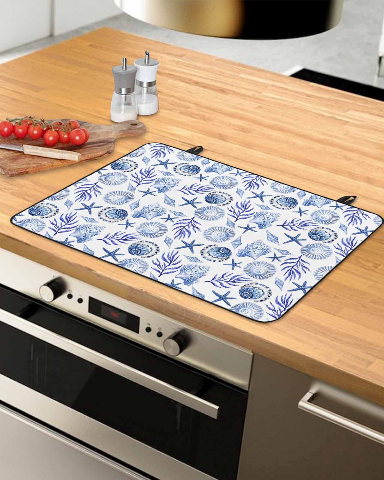 nqOlkjepod Large Induction Cooktop Protector Mat 28.5"x20.5", Blue Beach Conch Stove Top Covers for Electric Stove, Summer Ocean Starfish Coral Shells Stove Burner Cover Mats, Glass Top Stove Cover