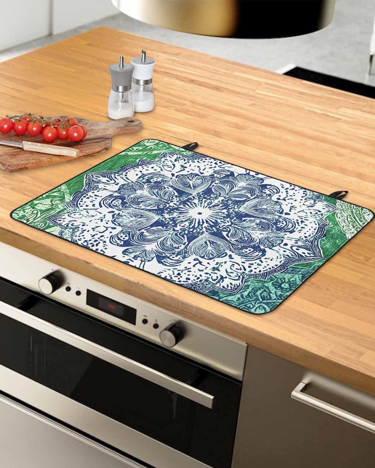 nqOlkjepod Large Induction Cooktop Protector Mat 28.5"x20.5", Blue Floral Pattern Stove Top Covers for Electric Stove, Vintage Green Teal Ombre Stove Burner Cover Mats, Glass Top Stove Cover