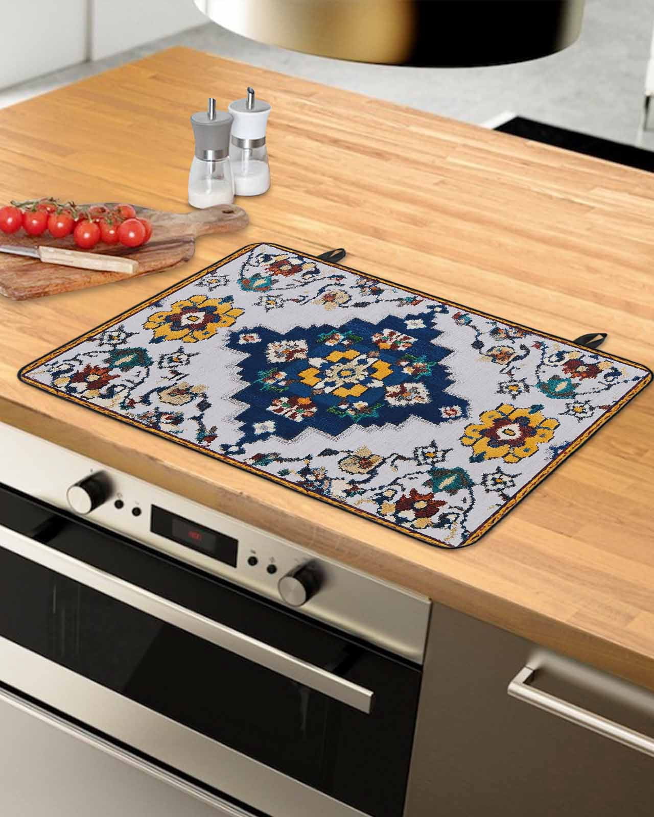 nqOlkjepod Large Induction Cooktop Protector Mat 28.5"x20.5", Blue Grey Boho Stove Top Covers for Electric Stove, Retro Traditional Oriental Boho Tribal Stove Burner Cover Mats Stove Cover