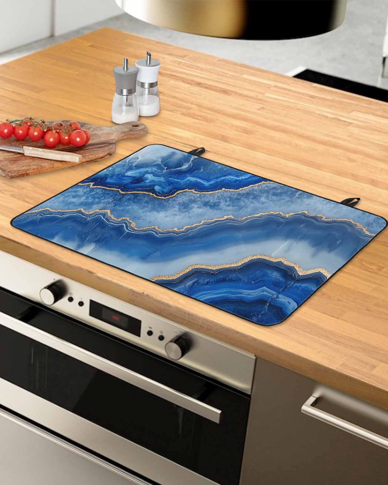 nqOlkjepod Large Induction Cooktop Protector Mat 28.5"x20.5", Blue Marble Stove Top Covers for Electric Stove, Modern Luxury Granite Surface Motif Sketch Stove Burner Cover Mats Stove Cover