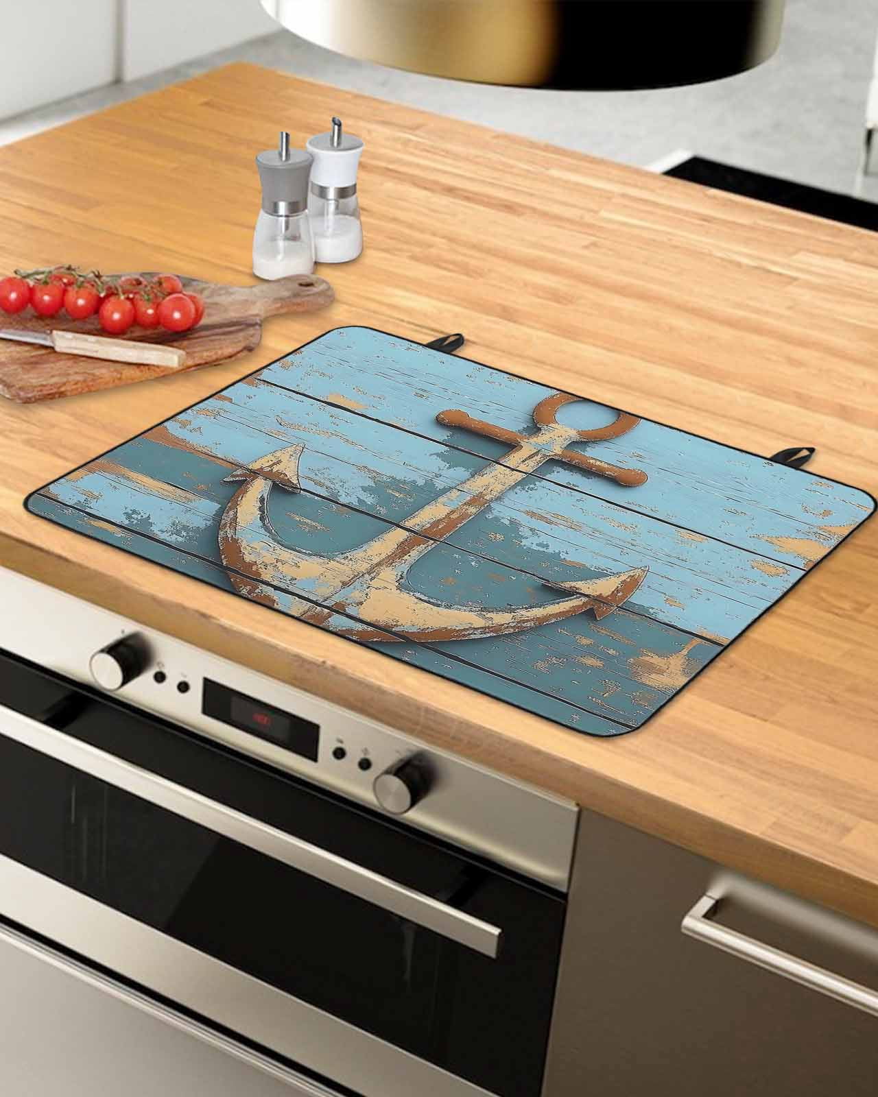 nqOlkjepod Large Induction Cooktop Protector Mat 28.5"x20.5", Brown Nautical Anchor Stove Top Covers for Electric Stove, Vintage Rustic Blue Wooden Plank Stove Burner Cover Mats Stove Cover