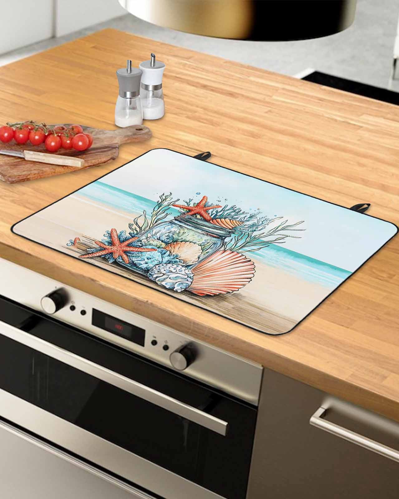 nqOlkjepod Large Induction Cooktop Protector Mat 28.5"x20.5", Coastal Beach Stove Top Covers for Electric Stove, Summer Ocean Starfish Coral Shells Stove Burner Cover Mats, Glass Top Stove Cover