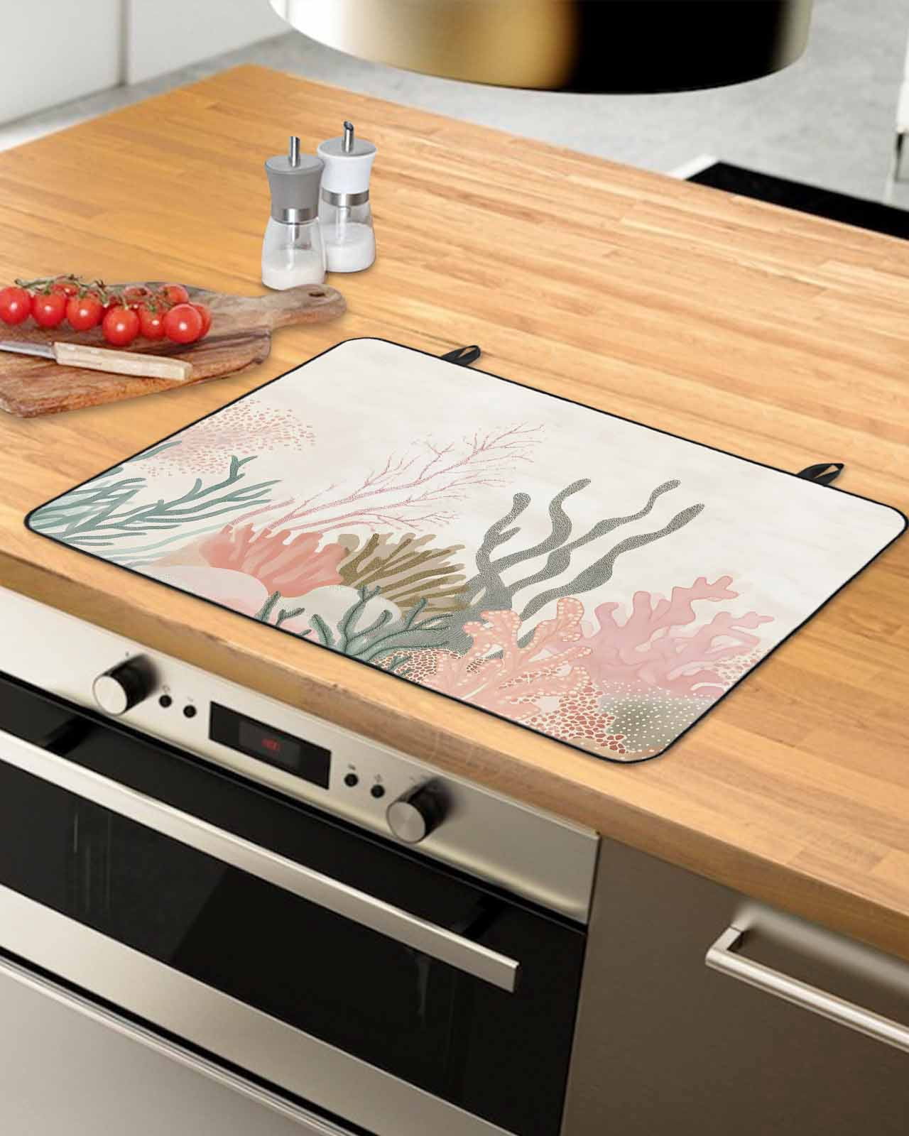 nqOlkjepod Large Induction Cooktop Protector Mat 28.5"x20.5", Coastal Coral Stove Top Covers for Electric Stove, Retro Watercolor Farmhouse Ocean Seaweed Stove Burner Cover Mats Stove Cover