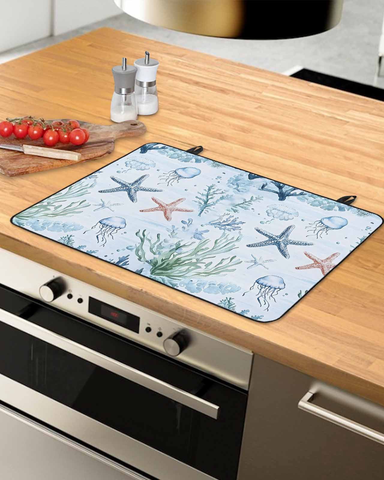 nqOlkjepod Large Induction Cooktop Protector Mat 28.5"x20.5", Coastal Coral Stove Top Covers for Electric Stove, Starfish Jellyfish Green Grass Underwater Stove Burner Cover Mats Stove Cover