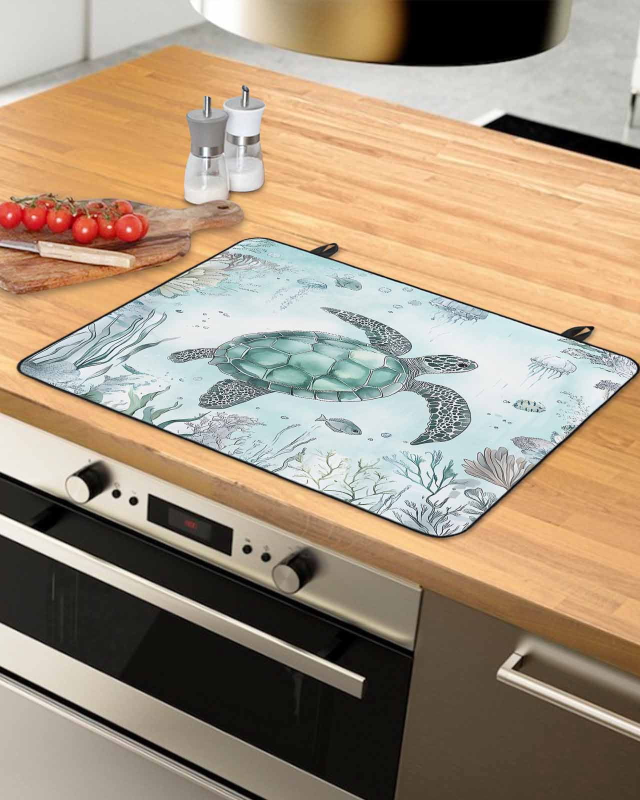 nqOlkjepod Large Induction Cooktop Protector Mat 28.5"x20.5", Coastal Sea Turtle Stove Top Covers for Electric Stove, Nautical Marine Jellyfish Coral Stove Burner Cover Mats, Glass Top Stove Cover