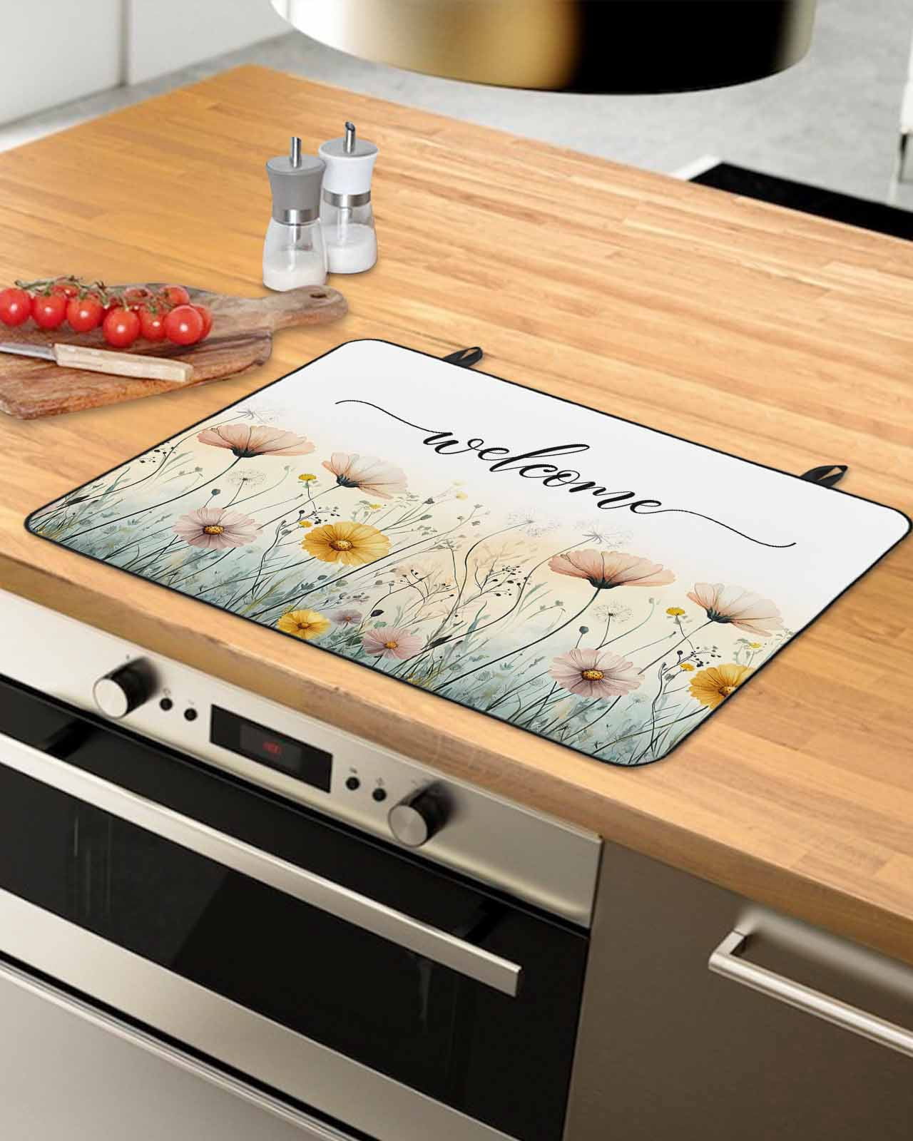 nqOlkjepod Large Induction Cooktop Protector Mat 28.5"x20.5", Farmhouse Florals Stove Top Covers for Electric Stove, Watercolors Spring Botanical Wildflowers Stove Burner Cover Mats Stove Cover