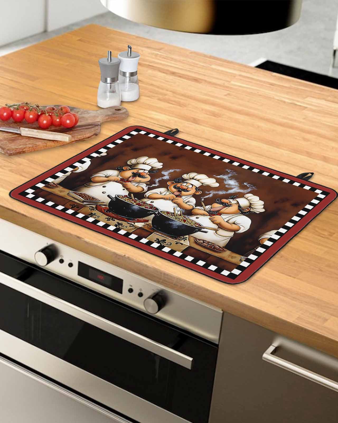 nqOlkjepod Large Induction Cooktop Protector Mat 28.5"x20.5", Fat Chef Stove Top Covers for Electric Stove, Cartoon Vintage Black Check Plaid Stove Burner Cover Mats, Glass Top Stove Cover