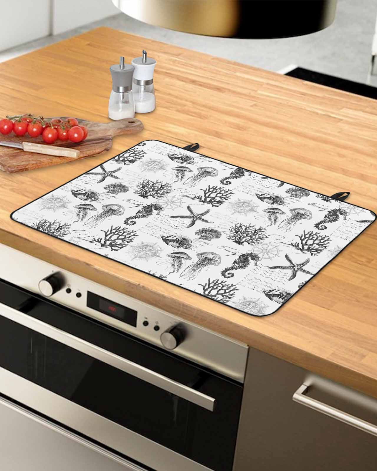 nqOlkjepod Large Induction Cooktop Protector Mat 28.5"x20.5", Gray Coastal Stove Top Covers for Electric Stove, Retro Nautical Starfish Coral Jellyfish Stove Burner Cover Mats, Glass Top Stove Cover
