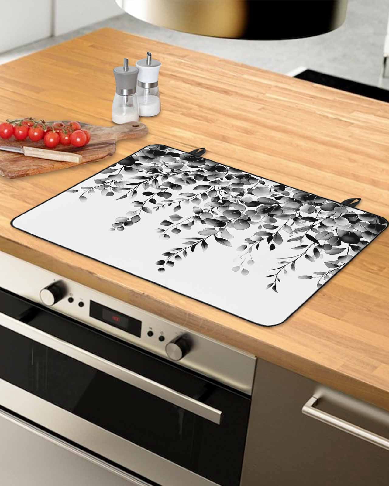 nqOlkjepod Large Induction Cooktop Protector Mat 28.5"x20.5", Grey Eucalyptus Stove Top Covers for Electric Stove, Gradient Retro Watercolor Leaves Stove Burner Cover Mats, Glass Top Stove Cover