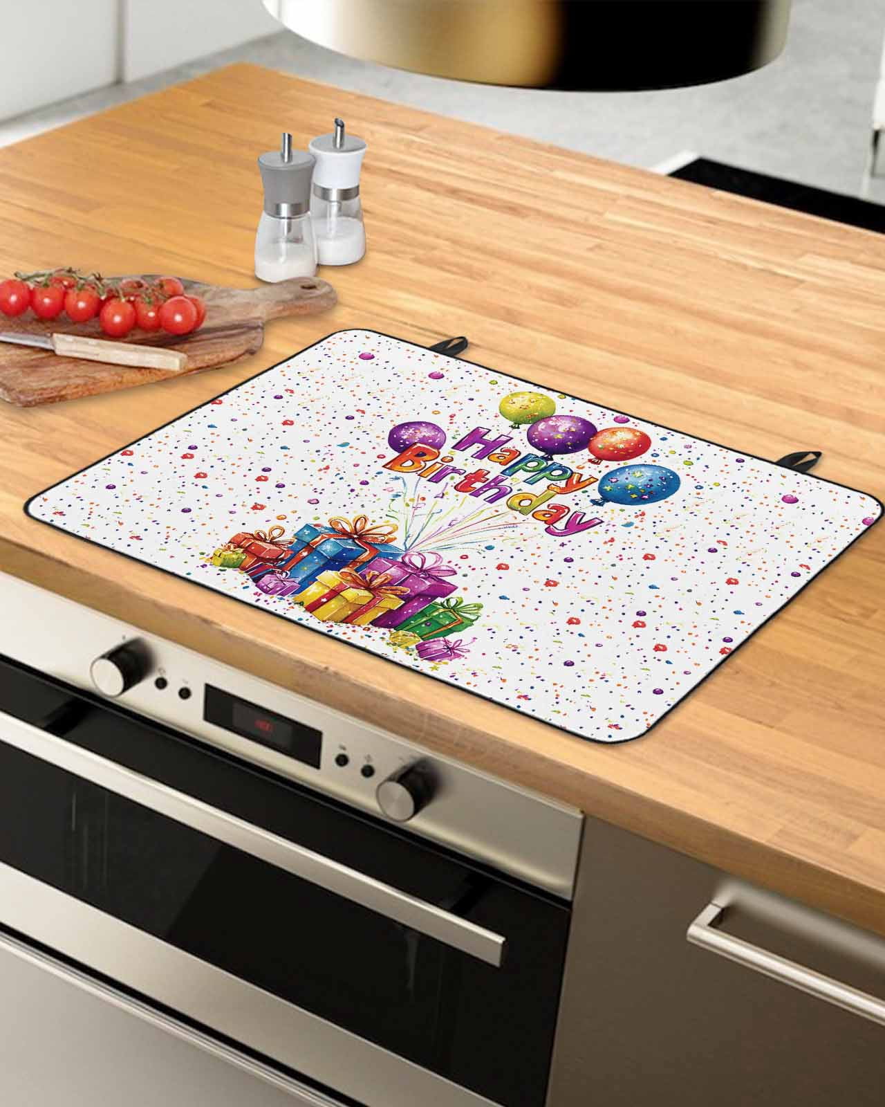 nqOlkjepod Large Induction Cooktop Protector Mat 28.5"x20.5", Happy Birthday Stove Top Covers for Electric Stove, Watercolor Balloon Gifts Patterns Stove Burner Cover Mats, Glass Top Stove Cover