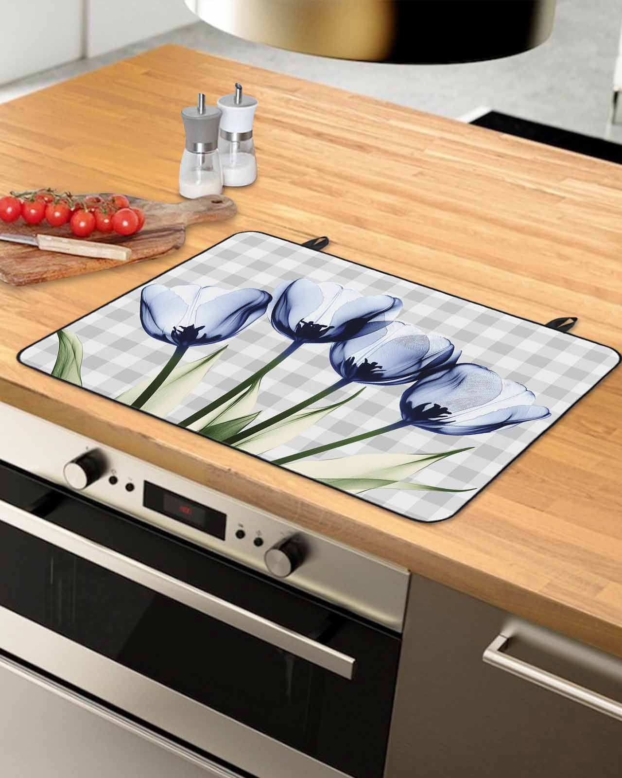 nqOlkjepod Large Induction Cooktop Protector Mat 28.5"x20.5", Light BlueTulip Stove Top Covers for Electric Stove, Farmhouse Flowers Grey Checkered Stove Burner Cover Mats, Glass Top Stove Cover