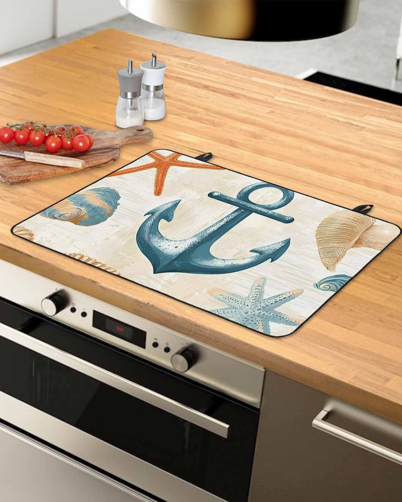nqOlkjepod Large Induction Cooktop Protector Mat 28.5"x20.5", Nautical Anchor Stove Top Covers for Electric Stove, Coastal Ocean Vintage Starfish Shells Stove Burner Cover Mats Stove Cover