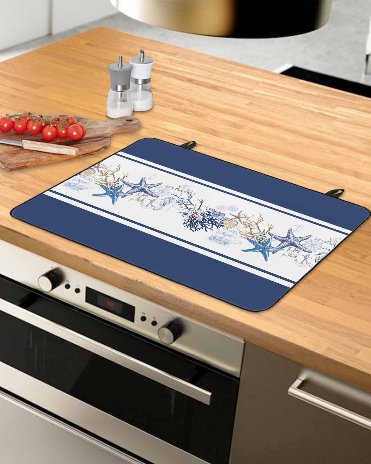 nqOlkjepod Large Induction Cooktop Protector Mat 28.5"x20.5", Navy Blue Coastal Stove Top Covers for Electric Stove, Summer Beach Starfish Coral Striped Stove Burner Cover Mats Stove Cover