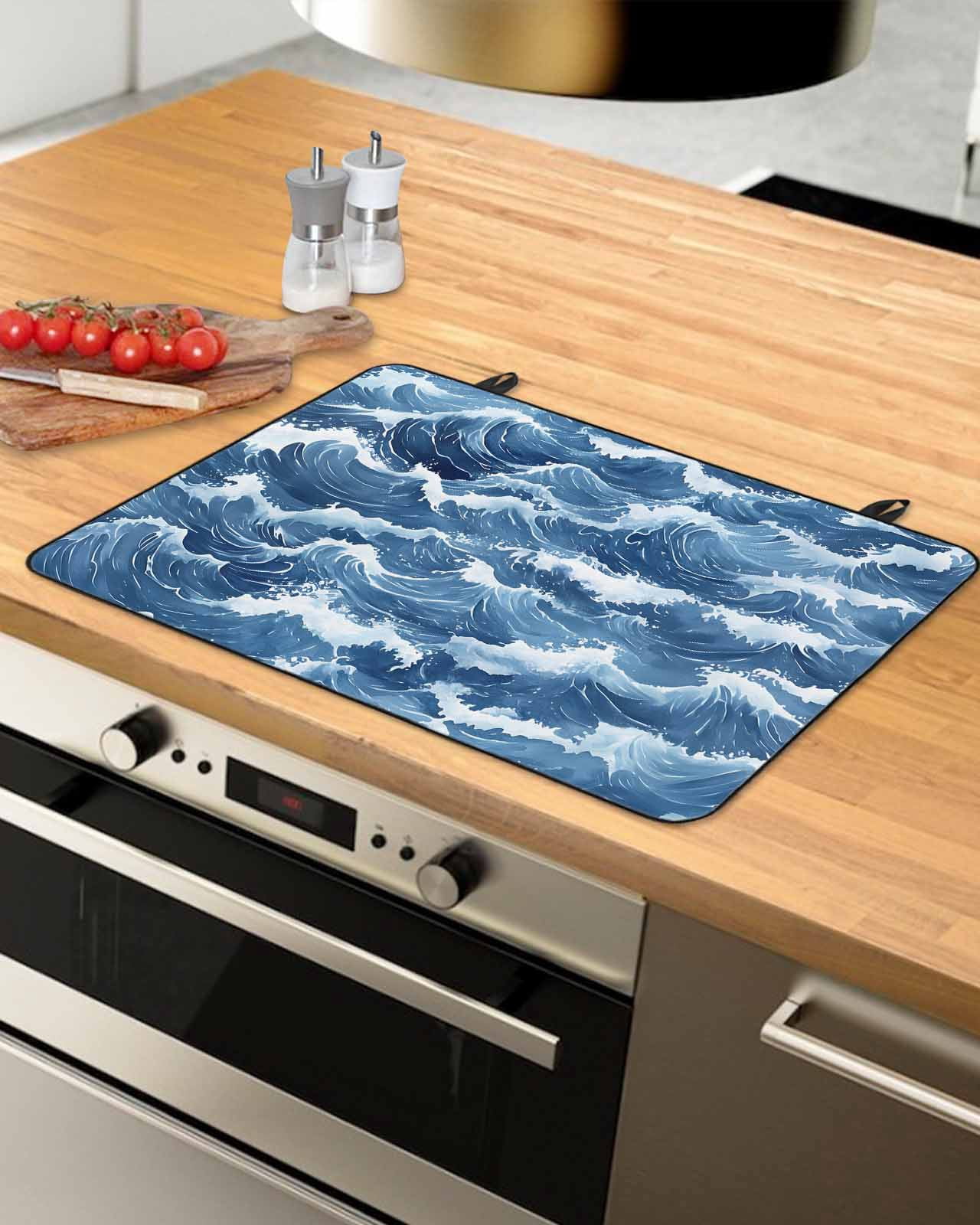 nqOlkjepod Large Induction Cooktop Protector Mat 28.5"x20.5", Ocean Waves Stove Top Covers for Electric Stove, Summer Beach Coastal Nautical Watercolor Stove Burner Cover Mats, Glass Top Stove Cover