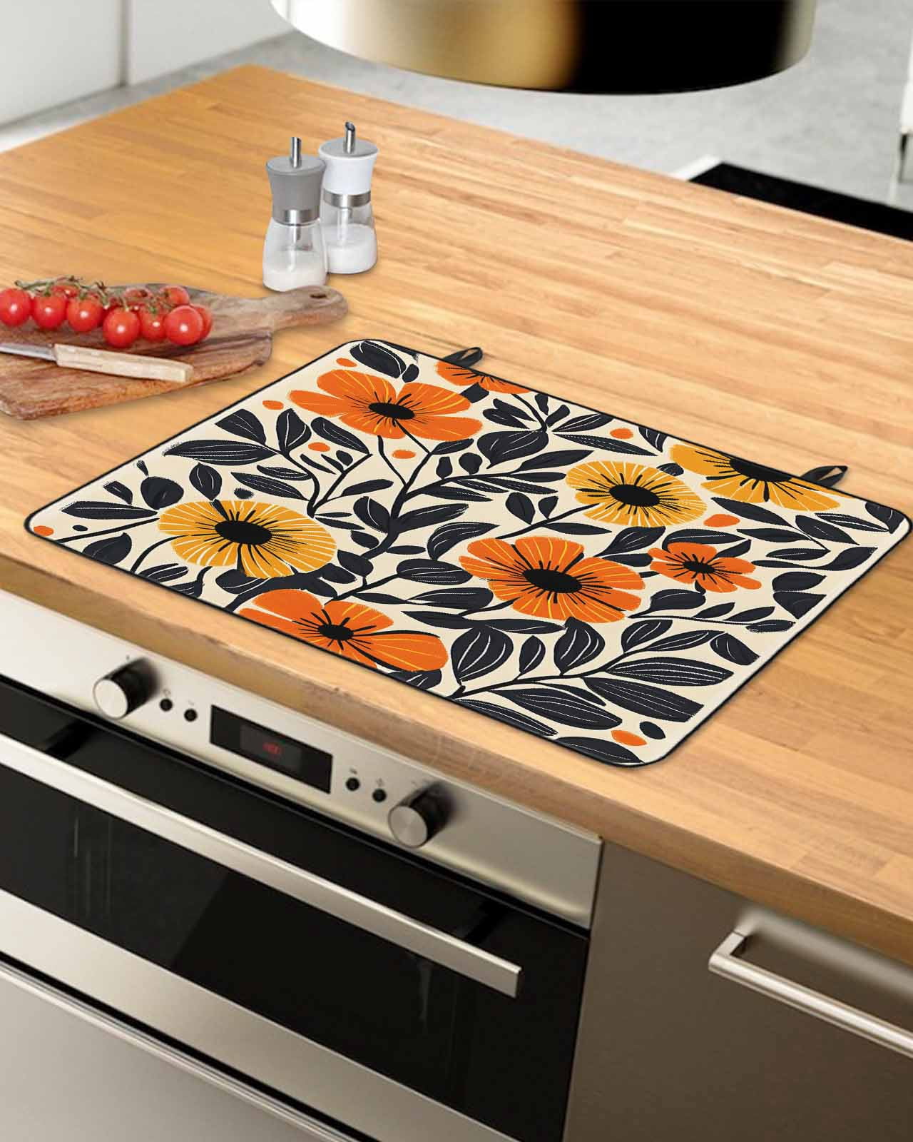 nqOlkjepod Large Induction Cooktop Protector Mat 28.5"x20.5", Orange Yellow Black Botanical Stove Top Covers for Electric Stove, Modernism Floral Spring Stove Burner Cover Mats Stove Cover