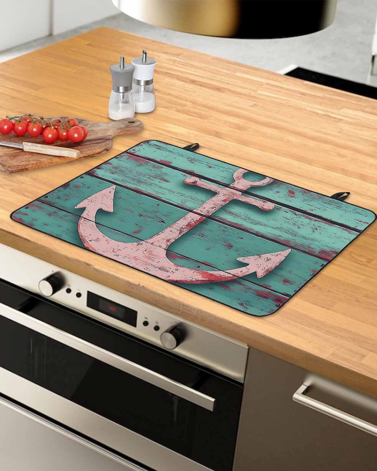 nqOlkjepod Large Induction Cooktop Protector Mat 28.5"x20.5", Pink Anchor Stove Top Covers for Electric Stove, Nautical Vintage Rustic Turquoise Wooden Stove Burner Cover Mats, Glass Top Stove Cover