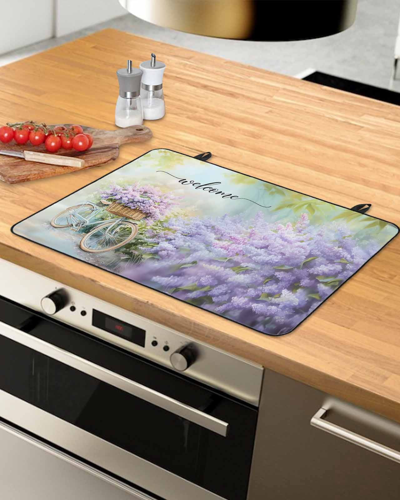 nqOlkjepod Large Induction Cooktop Protector Mat 28.5"x20.5", Purple Lavender Stove Top Covers for Electric Stove, Spring Leaves Bike Farm Country Garden Stove Burner Cover Mats Stove Cover