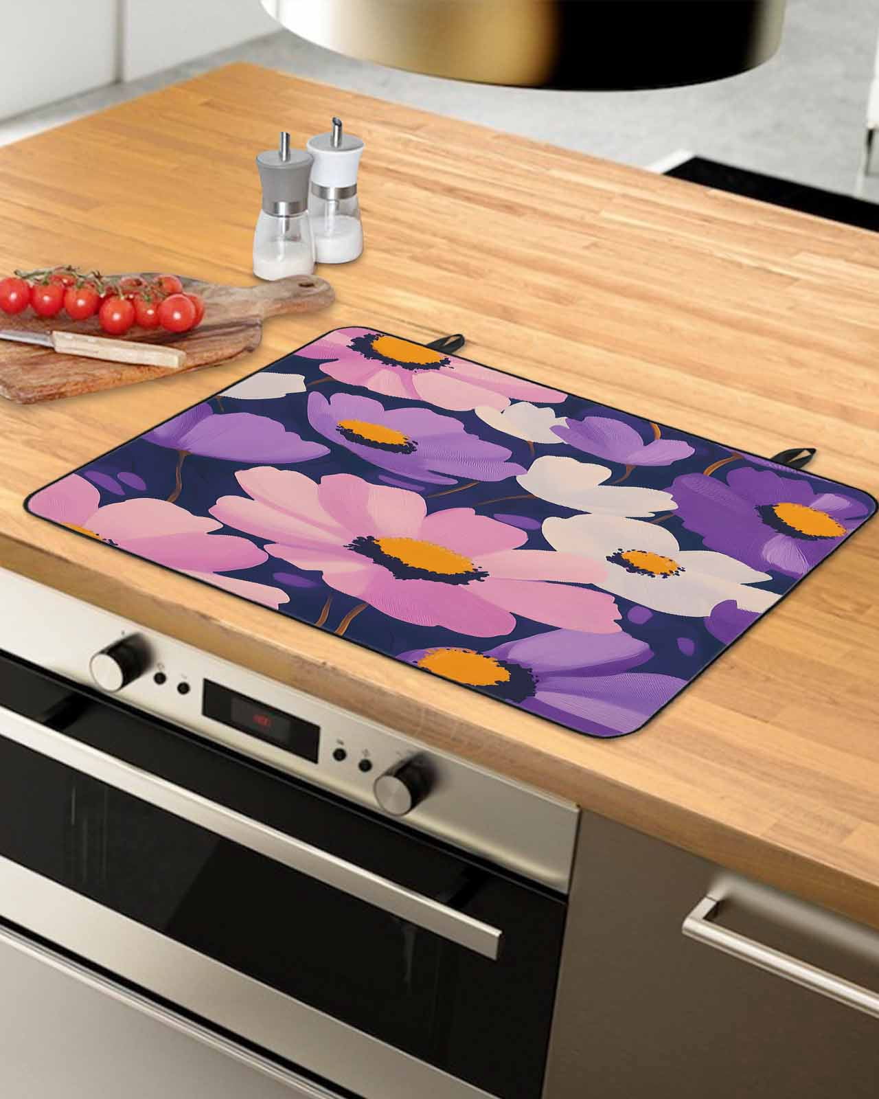 nqOlkjepod Large Induction Cooktop Protector Mat 28.5"x20.5", Purple Spring Floral Stove Top Covers for Electric Stove, Flowers Summer Botanical Abstract Art Stove Burner Cover Mats Stove Cover