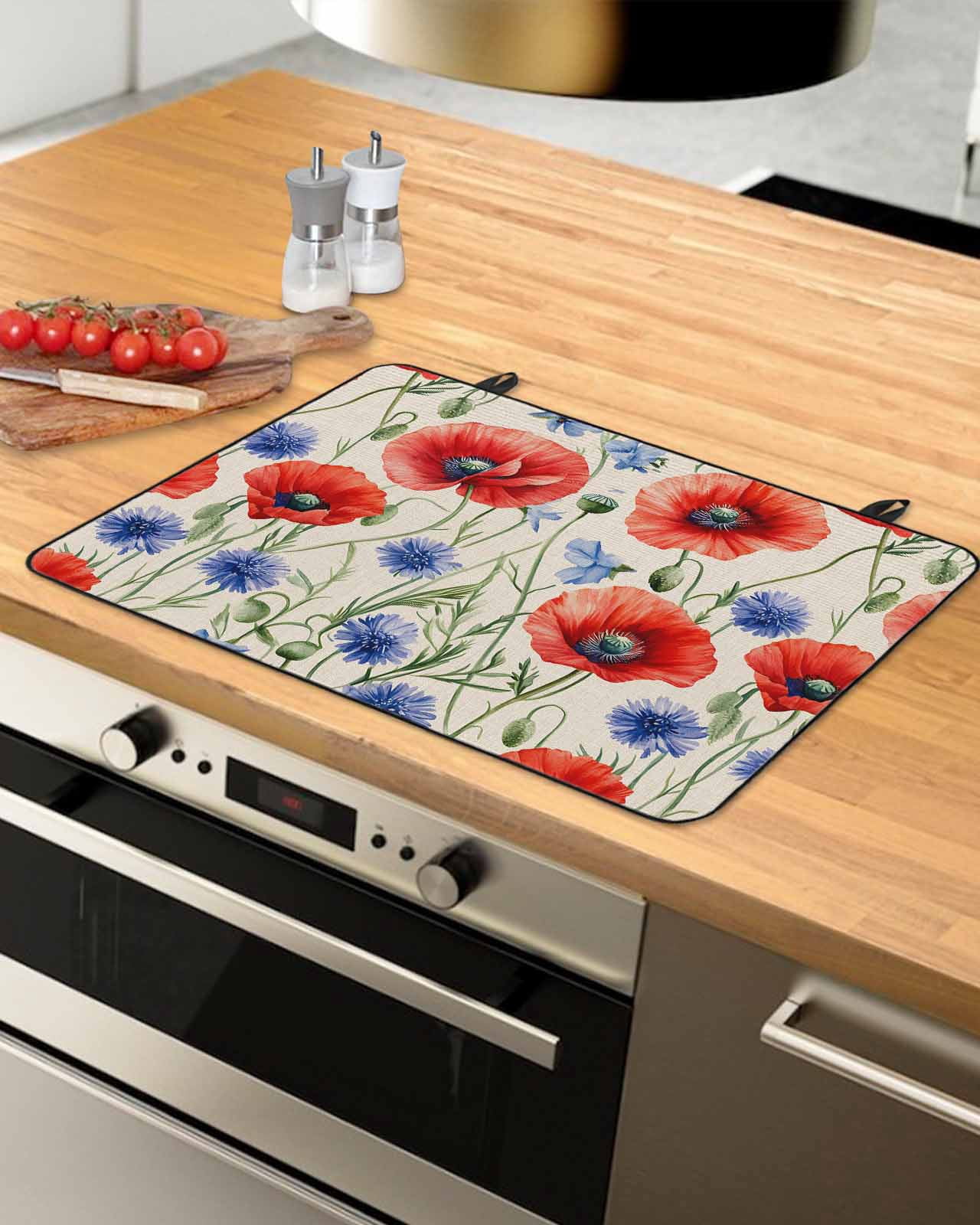 nqOlkjepod Large Induction Cooktop Protector Mat 28.5"x20.5", Red Blue Flowers Stove Top Covers for Electric Stove, Patriotic Poppy Floral Summer Country Stove Burner Cover Mats Stove Cover