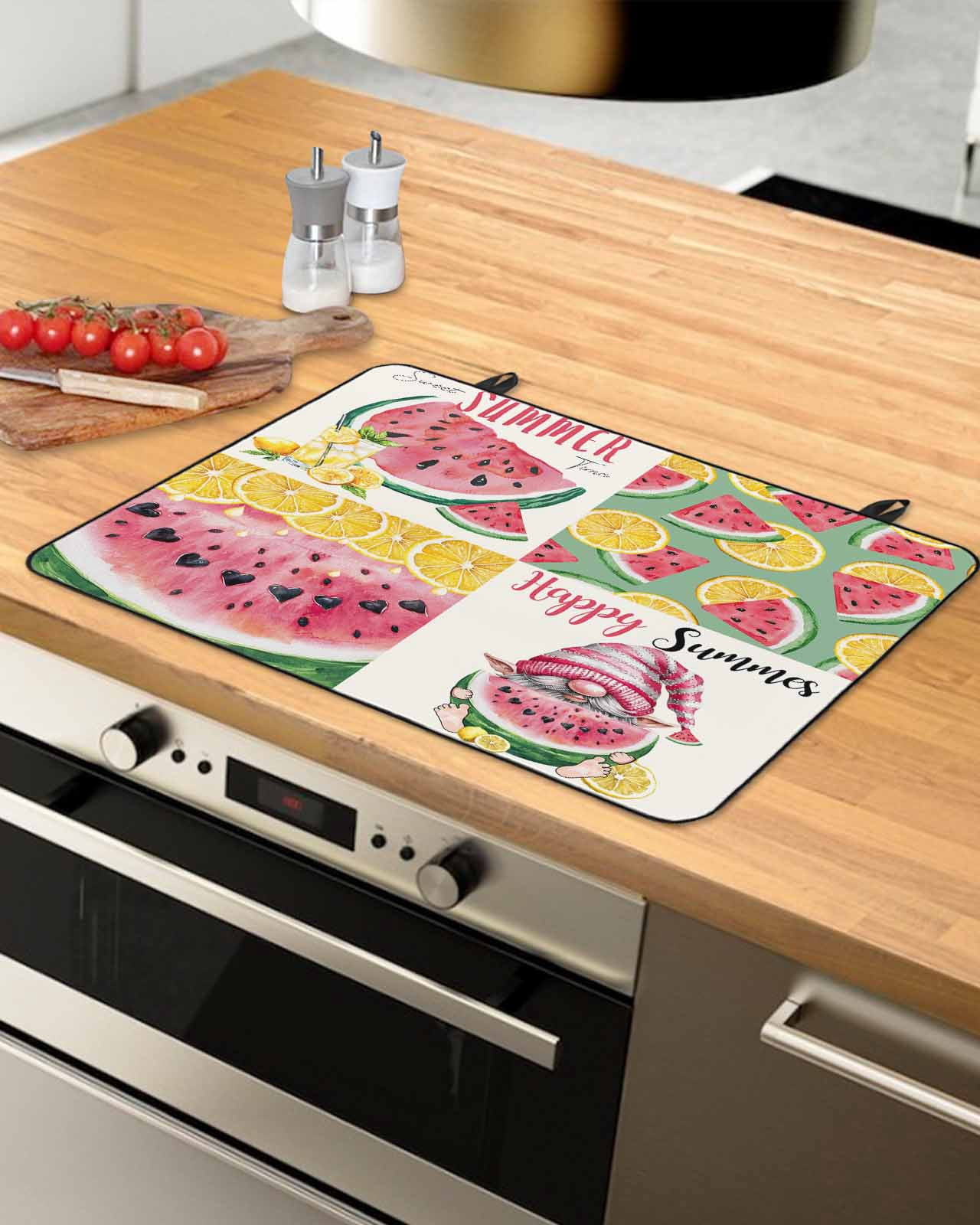 nqOlkjepod Large Induction Cooktop Protector Mat 28.5"x20.5", Red Watermelon Stove Top Covers for Electric Stove, Summer Yellow Lemon Gnome Pastoral Stove Burner Cover Mats, Glass Top Stove Cover