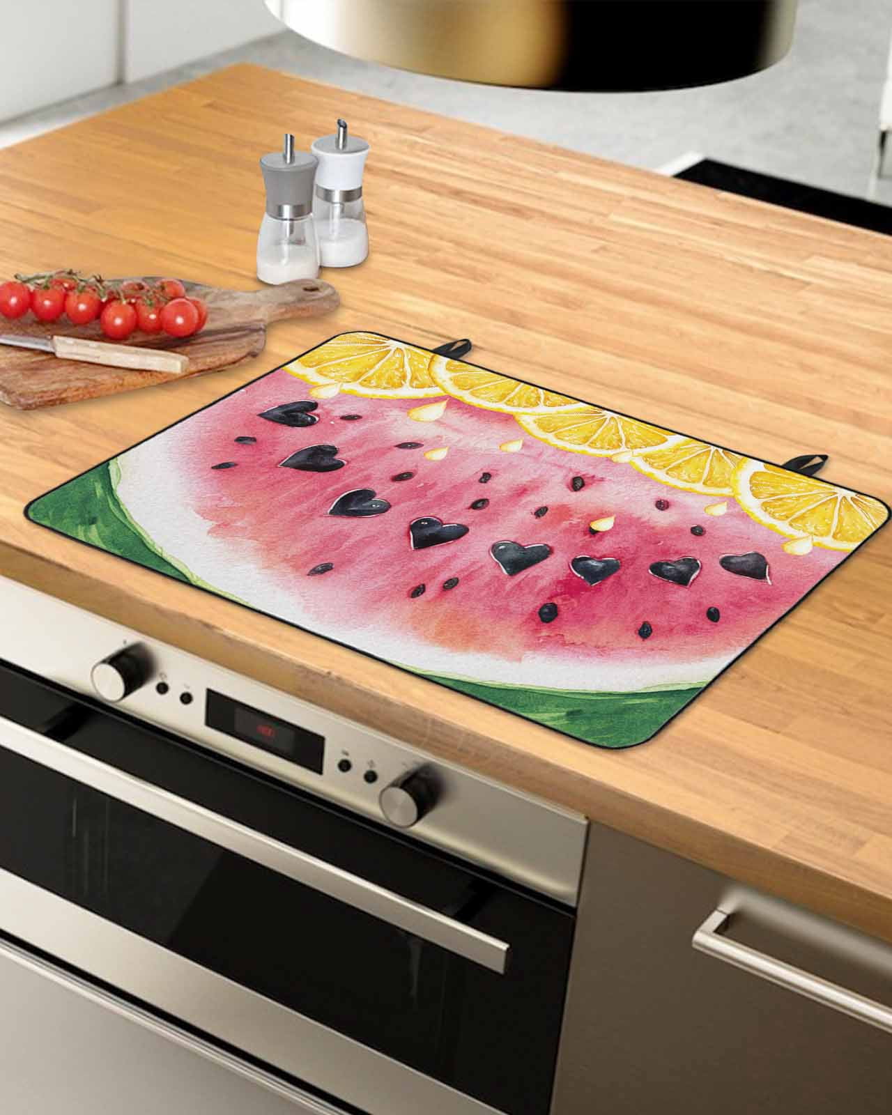 nqOlkjepod Large Induction Cooktop Protector Mat 28.5"x20.5", Red Watermelon Stove Top Covers for Electric Stove, Yellow Lemon Summer Fruit Country Stove Burner Cover Mats, Glass Top Stove Cover