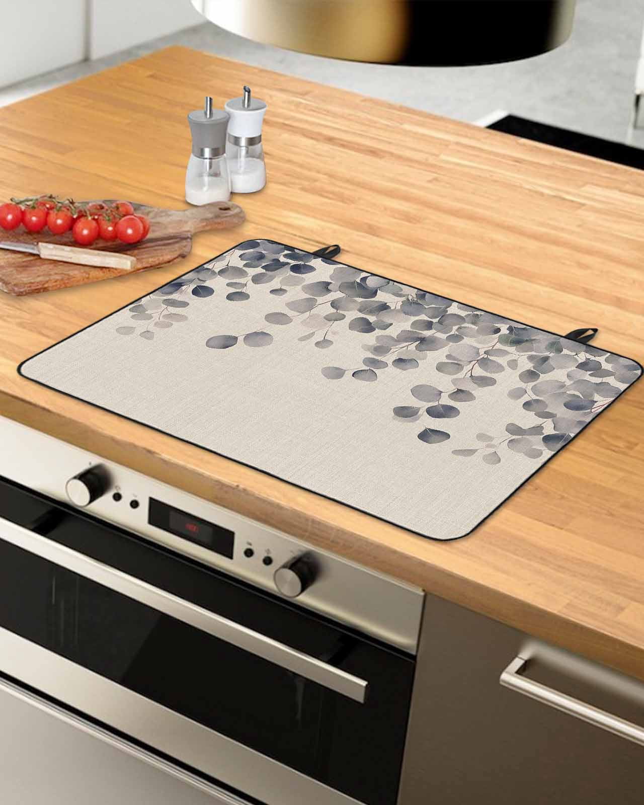 nqOlkjepod Large Induction Cooktop Protector Mat 28.5"x20.5", Retro Leaves Stove Top Covers for Electric Stove, Farmhouse Spring Botanical Eucalyptus&nbsp;Sprigs Stove Burner Cover Mats Stove Cover