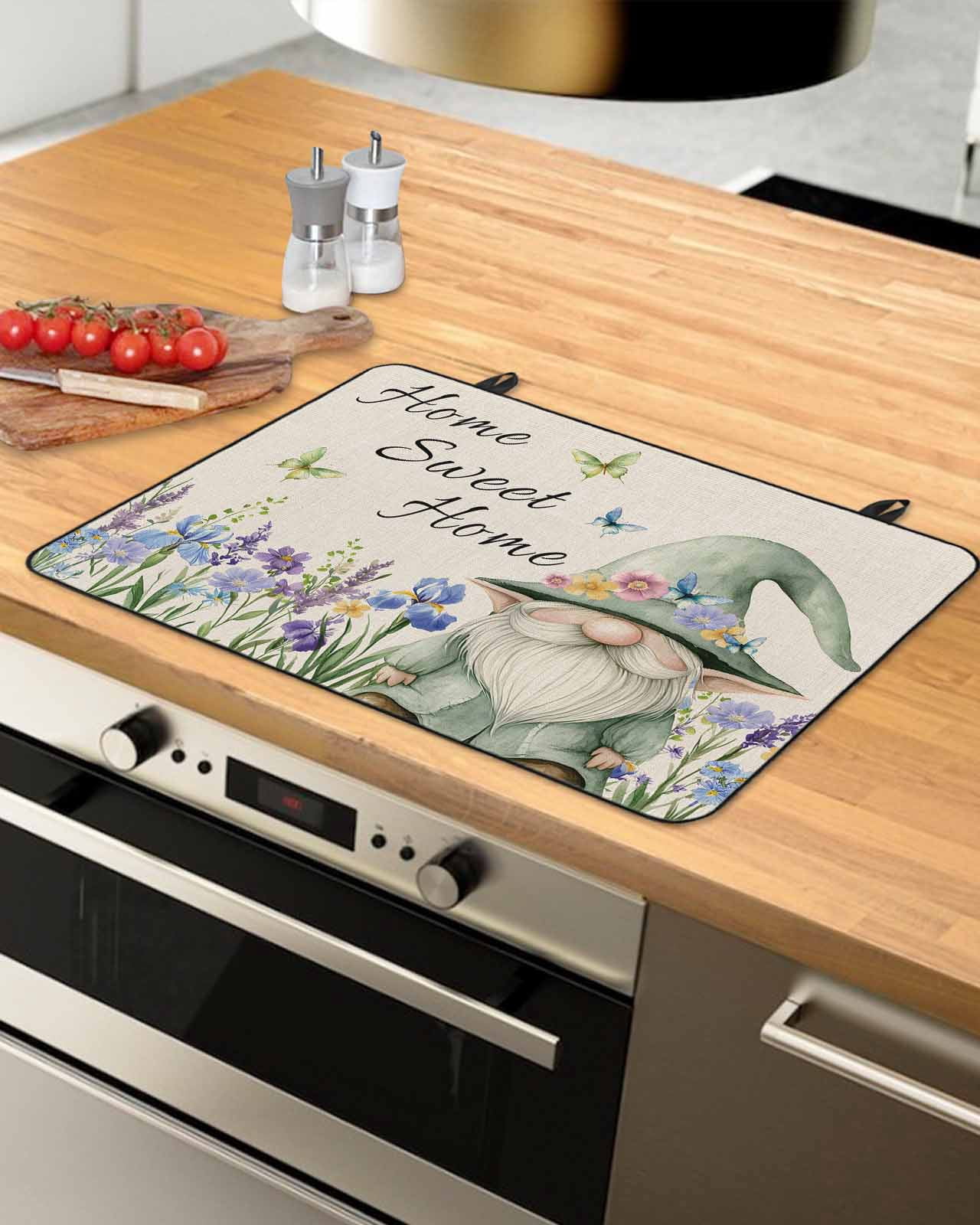nqOlkjepod Large Induction Cooktop Protector Mat 28.5"x20.5", Rustic Gnome Stove Top Covers for Electric Stove, Spring Flowers Butterfly Beige Burlap Stove Burner Cover Mats, Glass Top Stove Cover