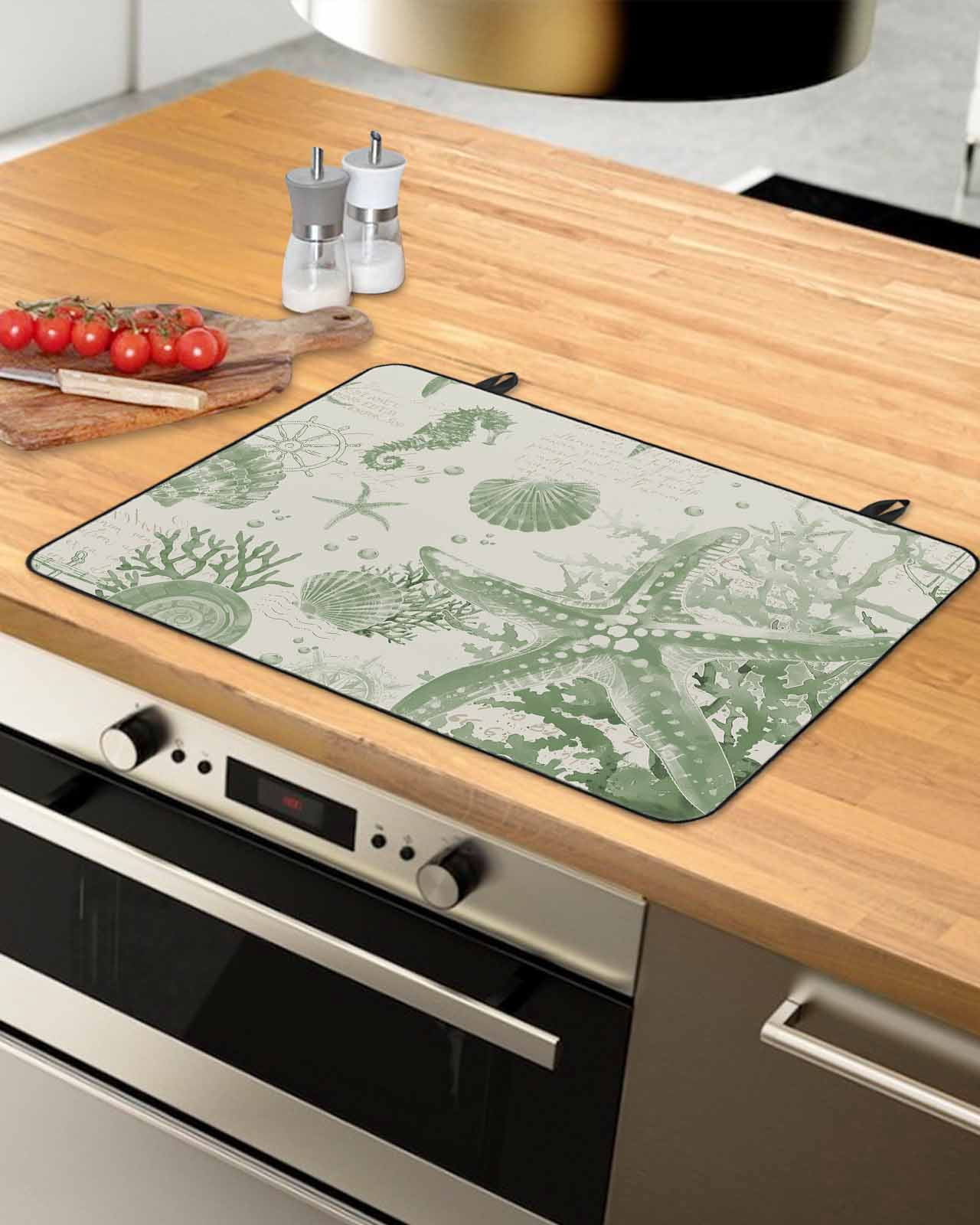 nqOlkjepod Large Induction Cooktop Protector Mat 28.5"x20.5", Sage Green Starfish Stove Top Covers for Electric Stove, Coastal Nautical Seahorse Conch Stove Burner Cover Mats, Glass Top Stove Cover