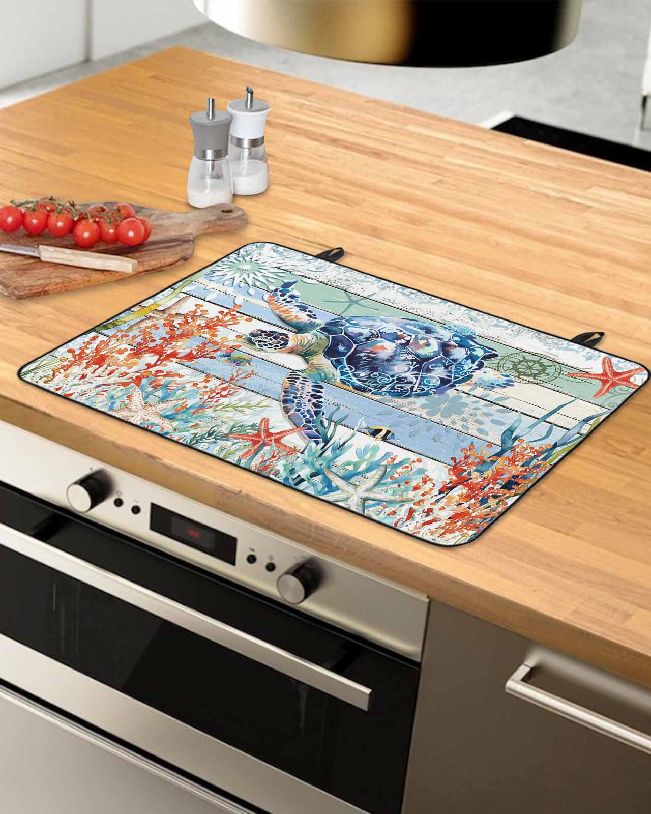 nqOlkjepod Large Induction Cooktop Protector Mat 28.5"x20.5", Sea Turtle Ocean Stove Top Covers for Electric Stove, Summer Beach Coastal Coral Wooden Stove Burner Cover Mats, Glass Top Stove Cover