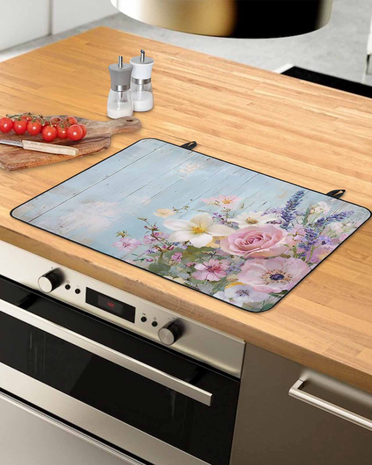 nqOlkjepod Large Induction Cooktop Protector Mat 28.5"x20.5", Spring Pink Flower Stove Top Covers for Electric Stove, Lavender Botanical Blue Wood Board Stove Burner Cover Mats Stove Cover