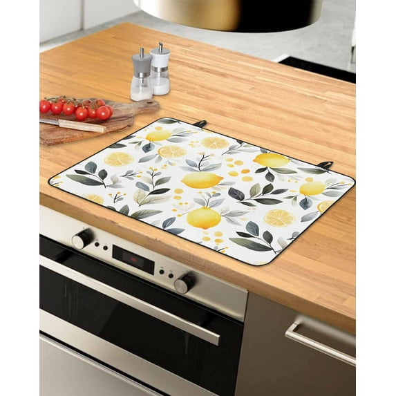 nqOlkjepod Large Induction Cooktop Protector Mat 28.5"x20.5", Summer Lemon Stove Top Covers for Electric Stove, Watercolor Fruit Grey Leaf Decorative Stove Burner Cover Mats, Glass Top Stove Cover