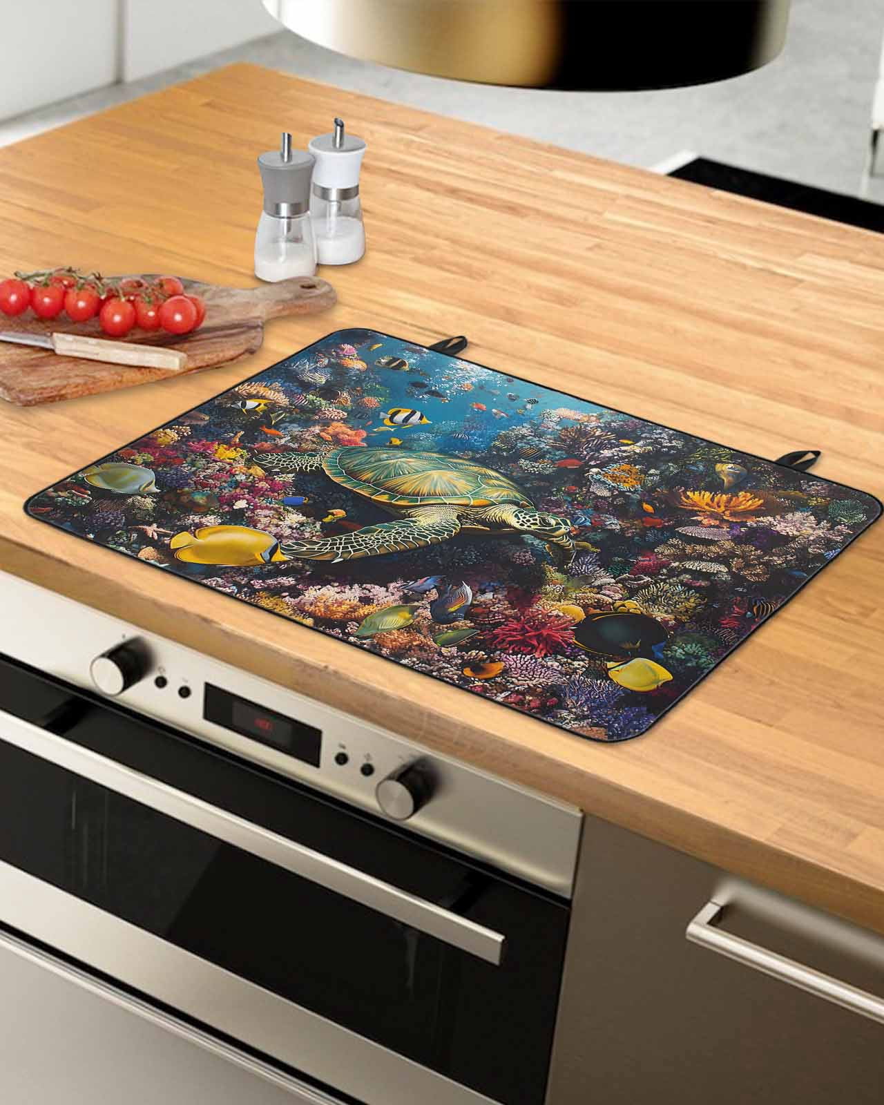 nqOlkjepod Large Induction Cooktop Protector Mat 28.5"x20.5", Summer Turtle Stove Top Covers for Electric Stove, Beach Ocean Coral Colorful Tropical Fish Stove Burner Cover Mats Stove Cover