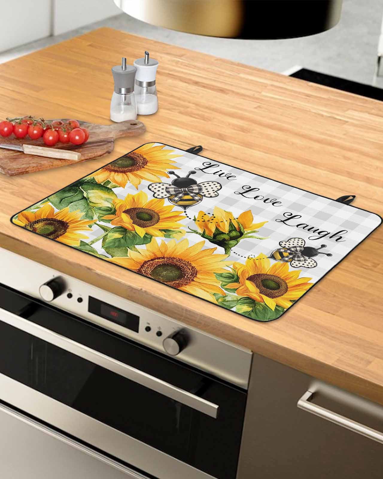 nqOlkjepod Large Induction Cooktop Protector Mat 28.5"x20.5", Sunflower Bee Stove Top Covers for Electric Stove, Grey Buffalo Checkered Botanical Floral Stove Burner Cover Mats Stove Cover