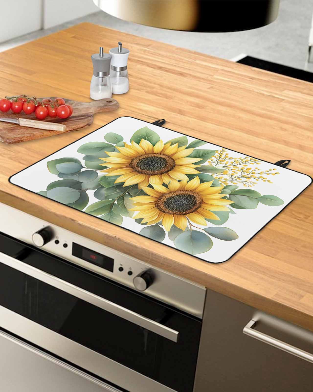 nqOlkjepod Large Induction Cooktop Protector Mat 28.5"x20.5", Sunflower Stove Top Covers for Electric Stove, Aesthetic&nbsp;Floral Plant Chic Green Eucalyptus Stove Burner Cover Mats Stove Cover