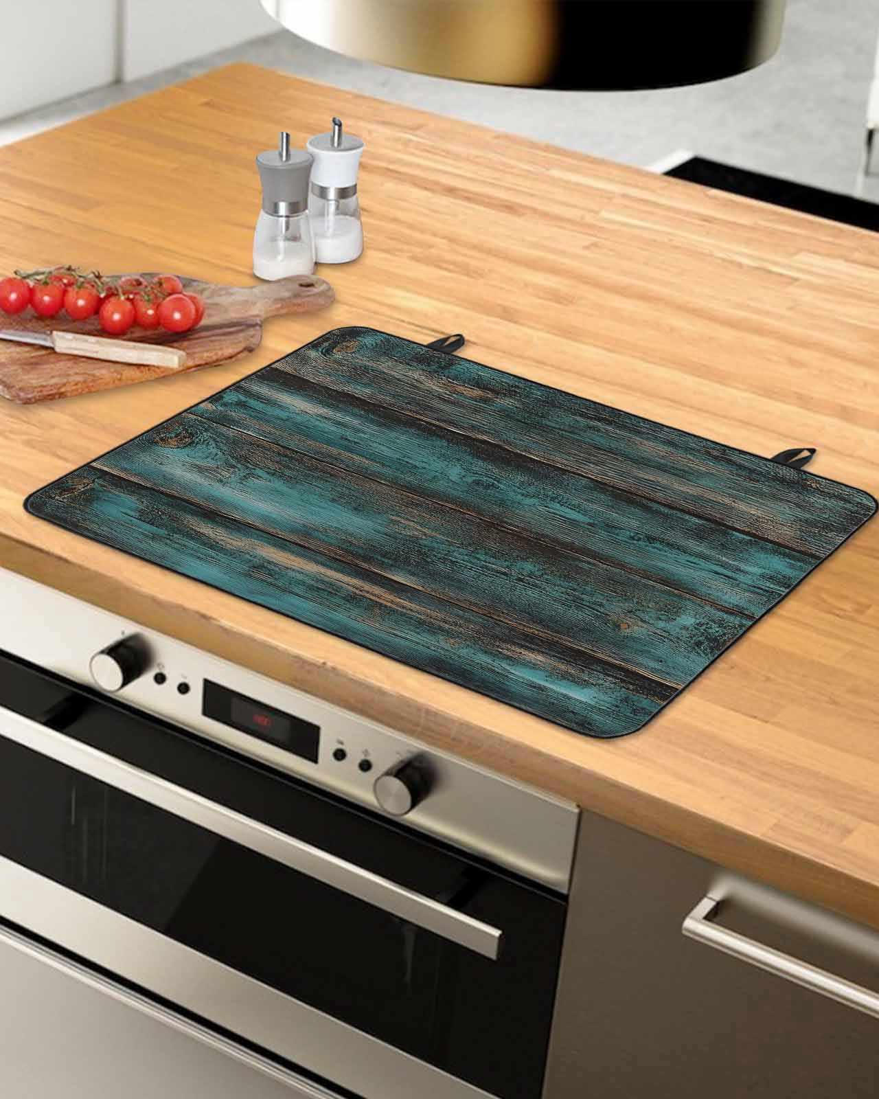nqOlkjepod Large Induction Cooktop Protector Mat 28.5"x20.5", Teal Brown Plank Prints Stove Top Covers for Electric Stove, Farmhouse Vintage Wooden Grain Stove Burner Cover Mats Stove Cover