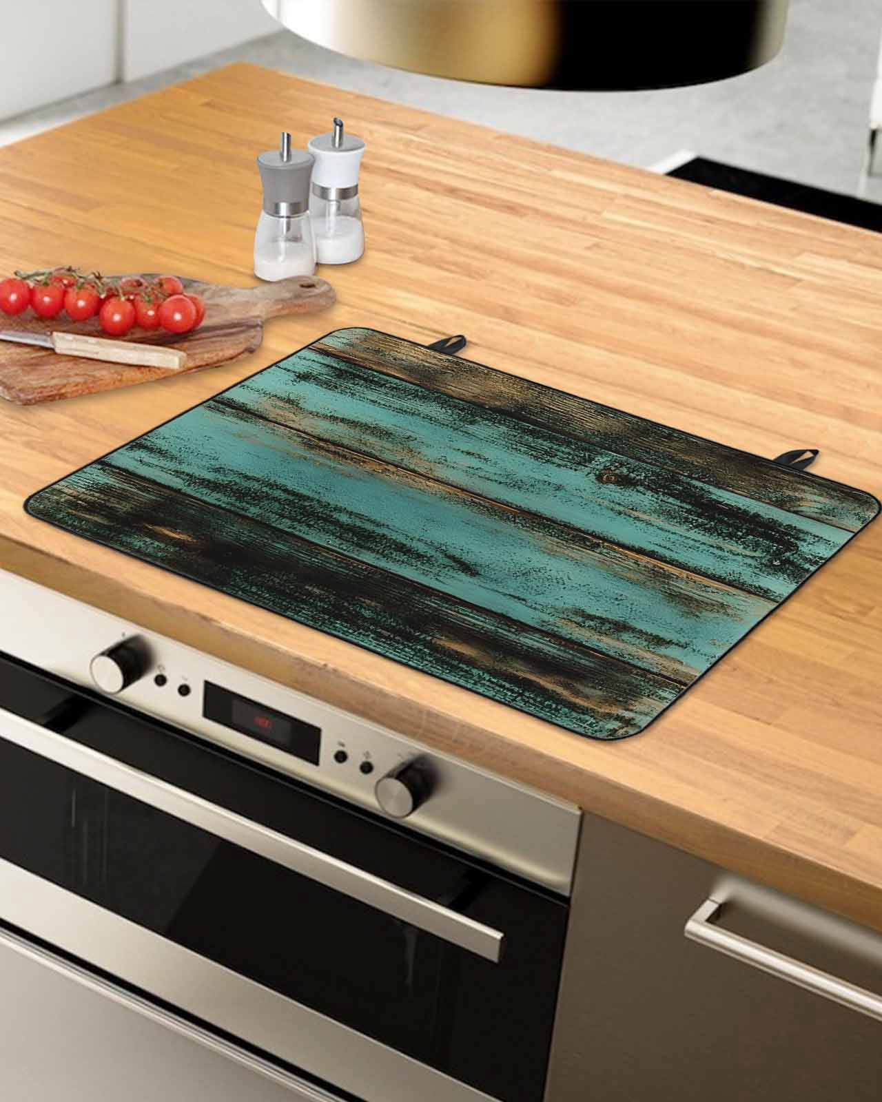 nqOlkjepod Large Induction Cooktop Protector Mat 28.5"x20.5", Teal Brown Plank Stove Top Covers for Electric Stove, Farmhouse Vintage Shabby Wood Grain Stove Burner Cover Mats, Glass Top Stove Cover