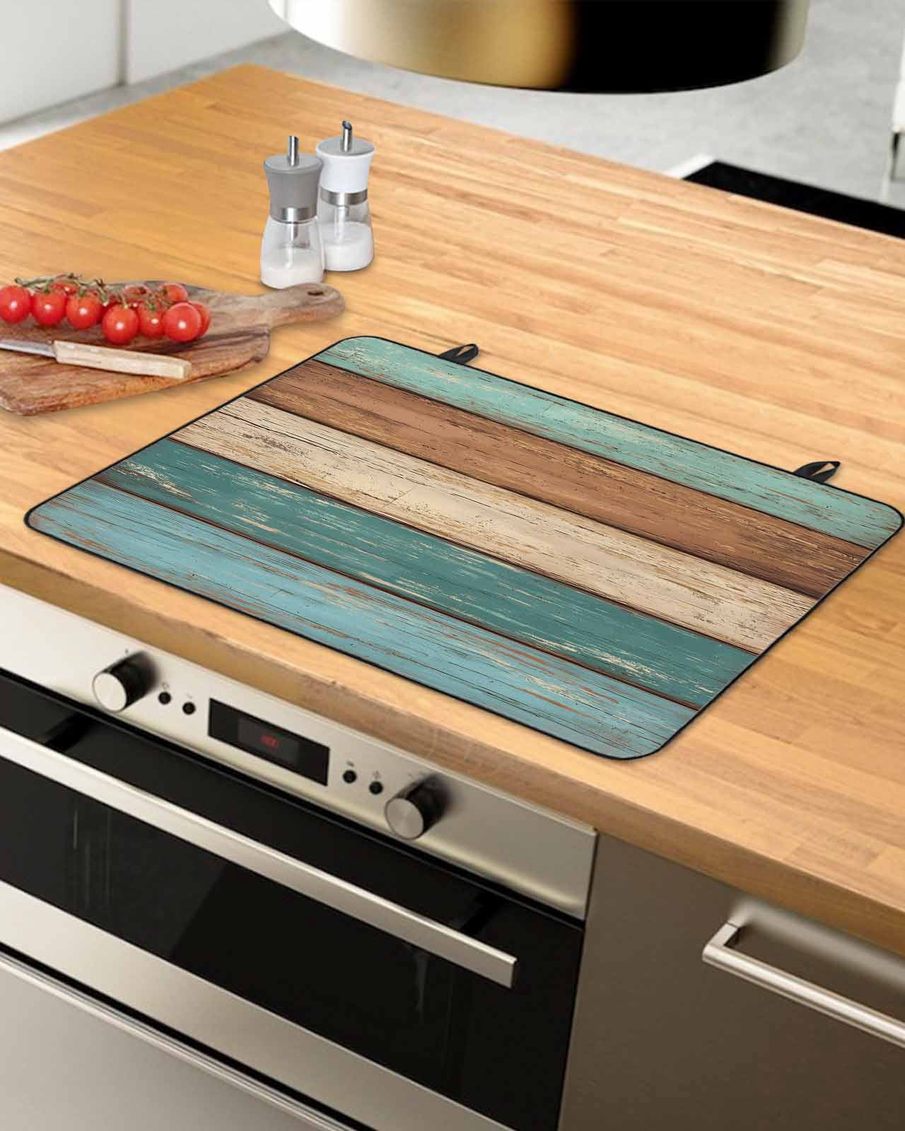 nqOlkjepod Large Induction Cooktop Protector Mat 28.5"x20.5", Teal Turquoise Stove Top Covers for Electric Stove, Retro Farmhouse Wood Grain Brown Stove Burner Cover Mats, Glass Top Stove Cover