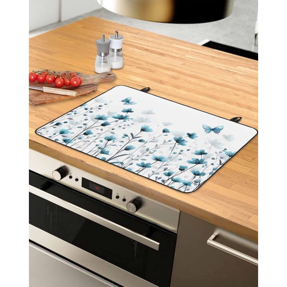 nqOlkjepod Large Induction Cooktop Protector Mat 28.5"x20.5", Turquoise Floral Butterfly Stove Top Covers for Electric Stove, Spring Rustic Botanical Flowers Stove Burner Cover Mats Stove Cover