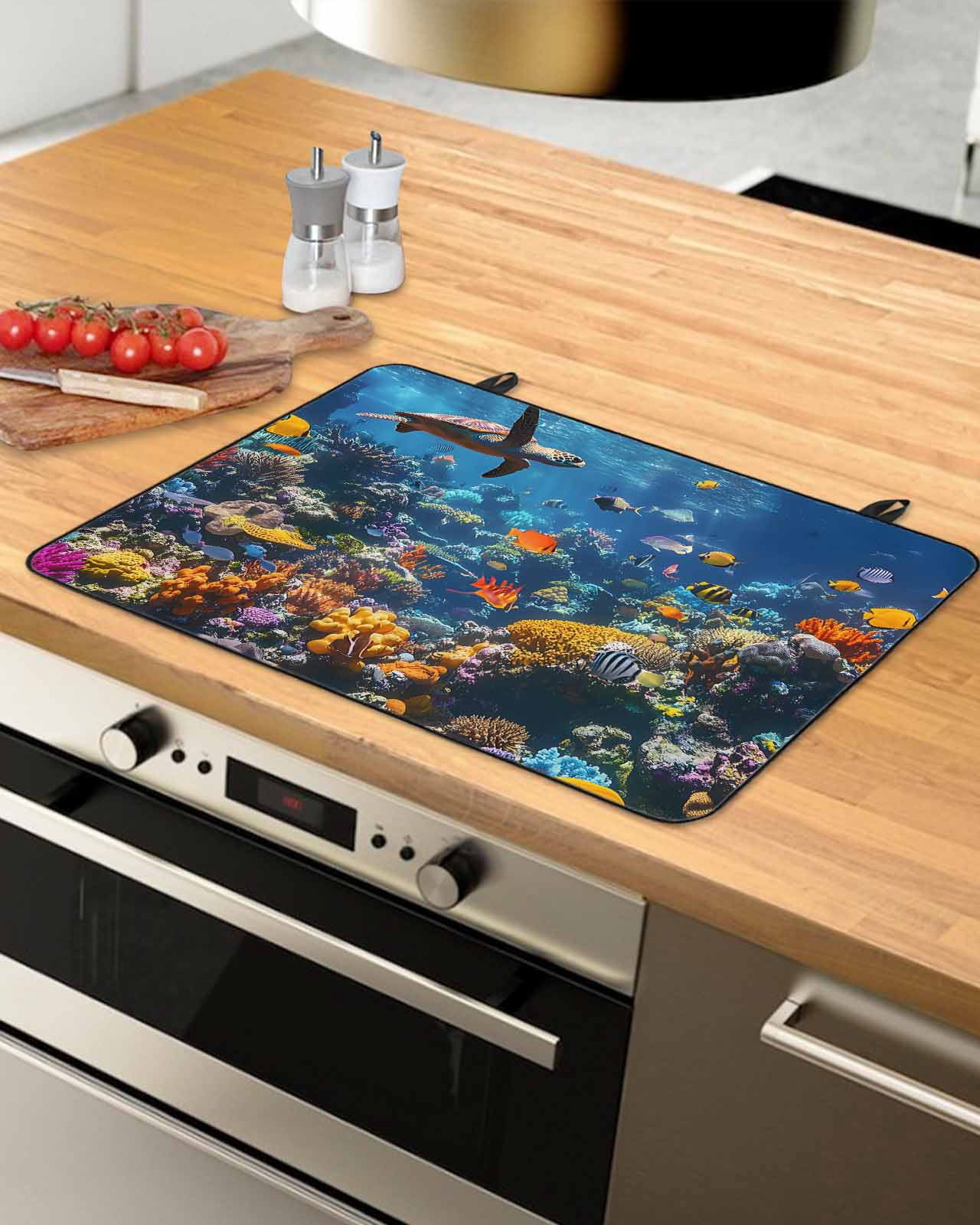 nqOlkjepod Large Induction Cooktop Protector Mat 28.5"x20.5", Turtle Stove Top Covers for Electric Stove, Summer Beach Ocean Coral Sunlight Jellyfish Stove Burner Cover Mats, Glass Top Stove Cover