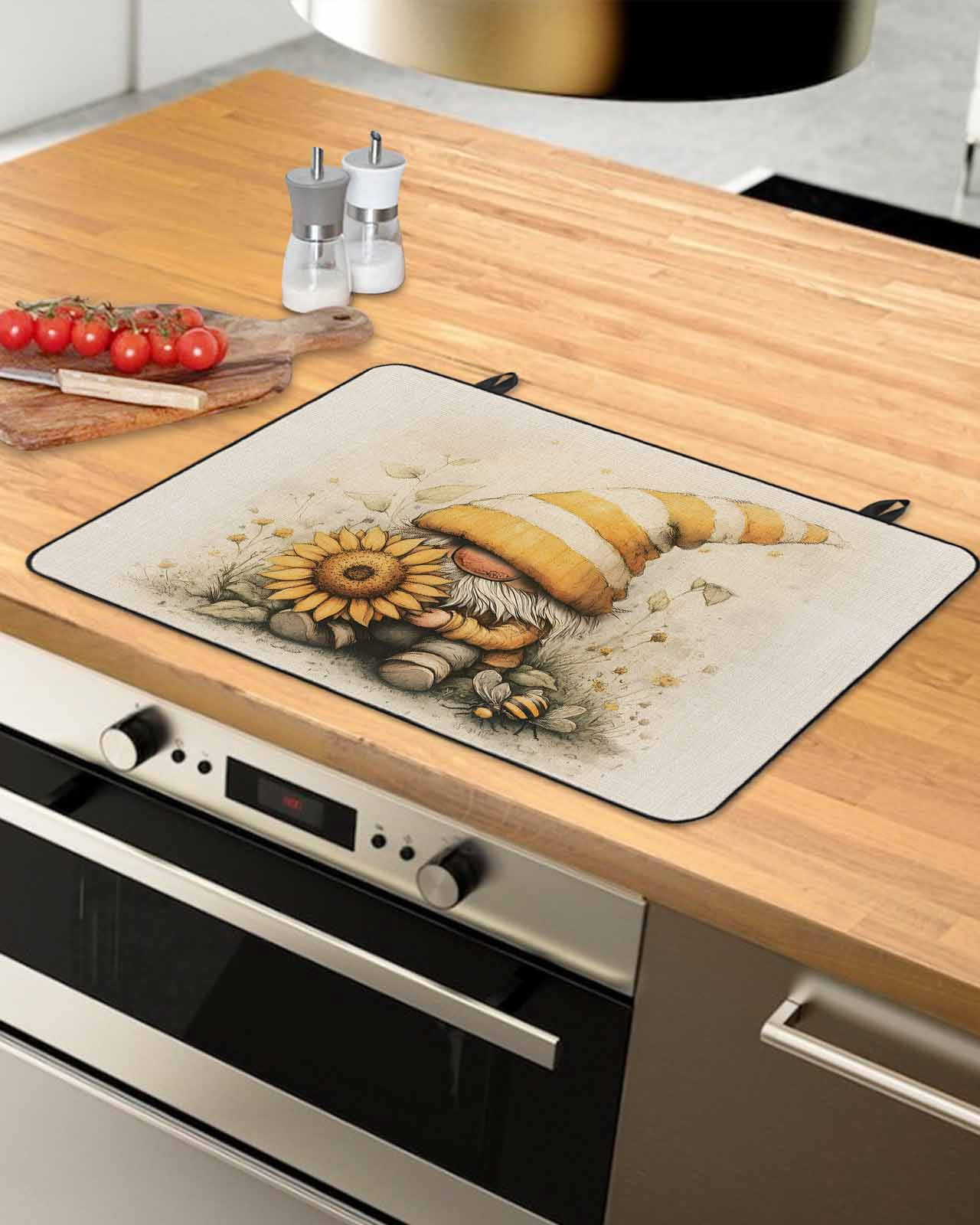 nqOlkjepod Large Induction Cooktop Protector Mat 28.5"x20.5", Yellow Gnomes Stove Top Covers for Electric Stove, Sunflower Botanical Line Retro Pastoral Stove Burner Cover Mats Stove Cover