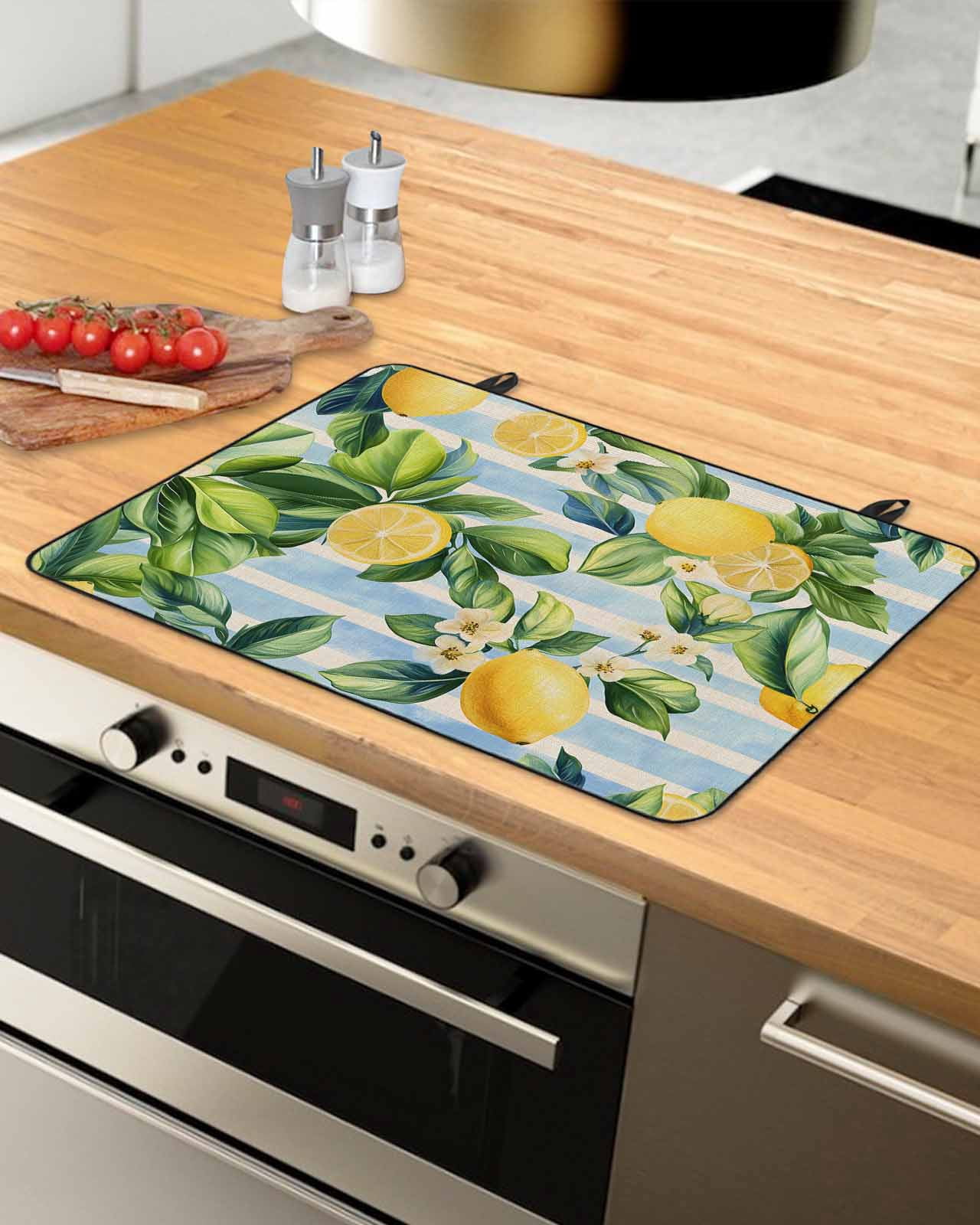nqOlkjepod Large Induction Cooktop Protector Mat 28.5"x20.5", Yellow Lemon Stove Top Covers for Electric Stove, Summer Botanical Fruit Blue Striped Stove Burner Cover Mats, Glass Top Stove Cover