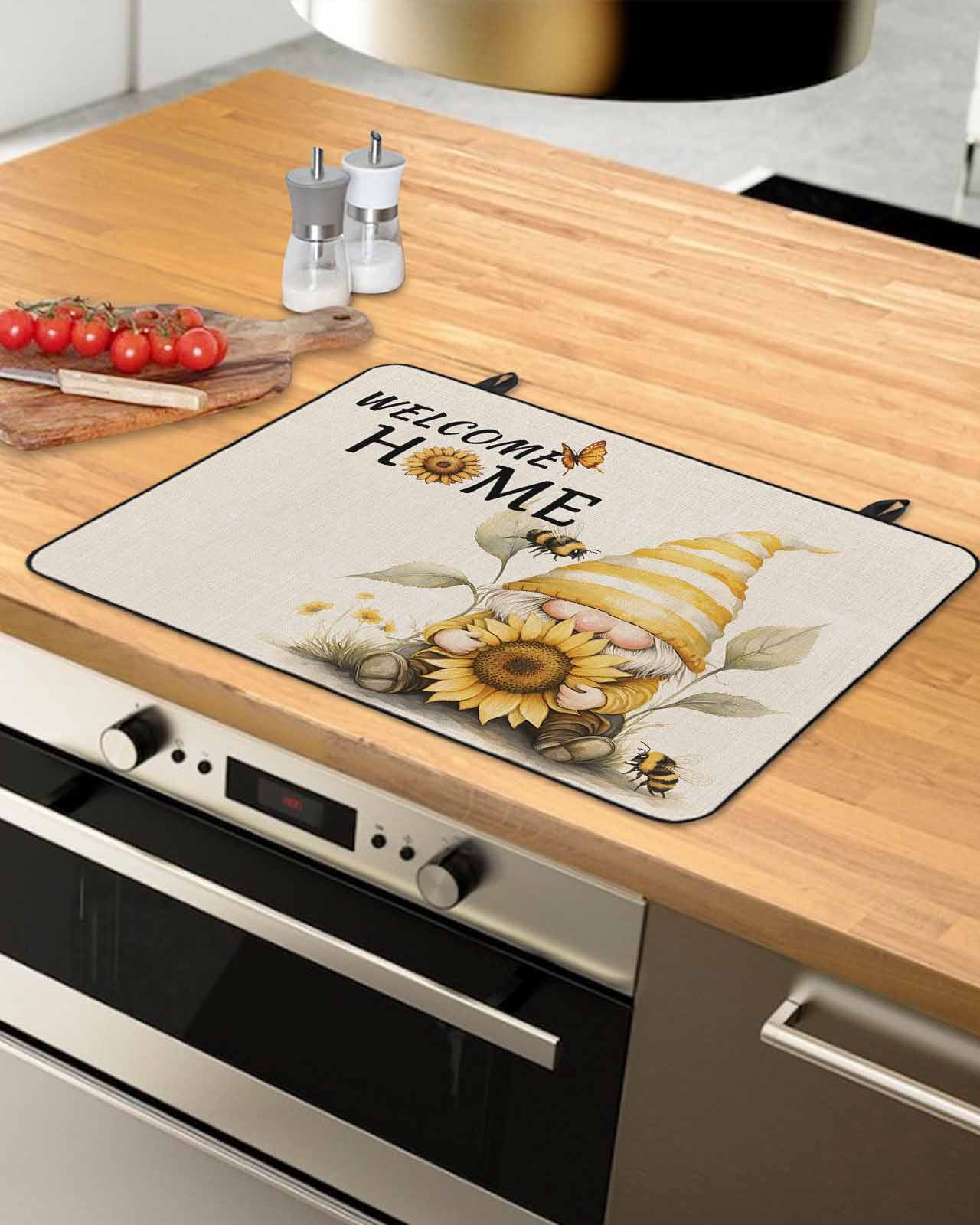 nqOlkjepod Large Induction Cooktop Protector Mat 28.5"x20.5", Yellow Sunflower Stove Top Covers for Electric Stove, Gnomes Bee Vintage Beige Texture Stove Burner Cover Mats, Glass Top Stove Cover