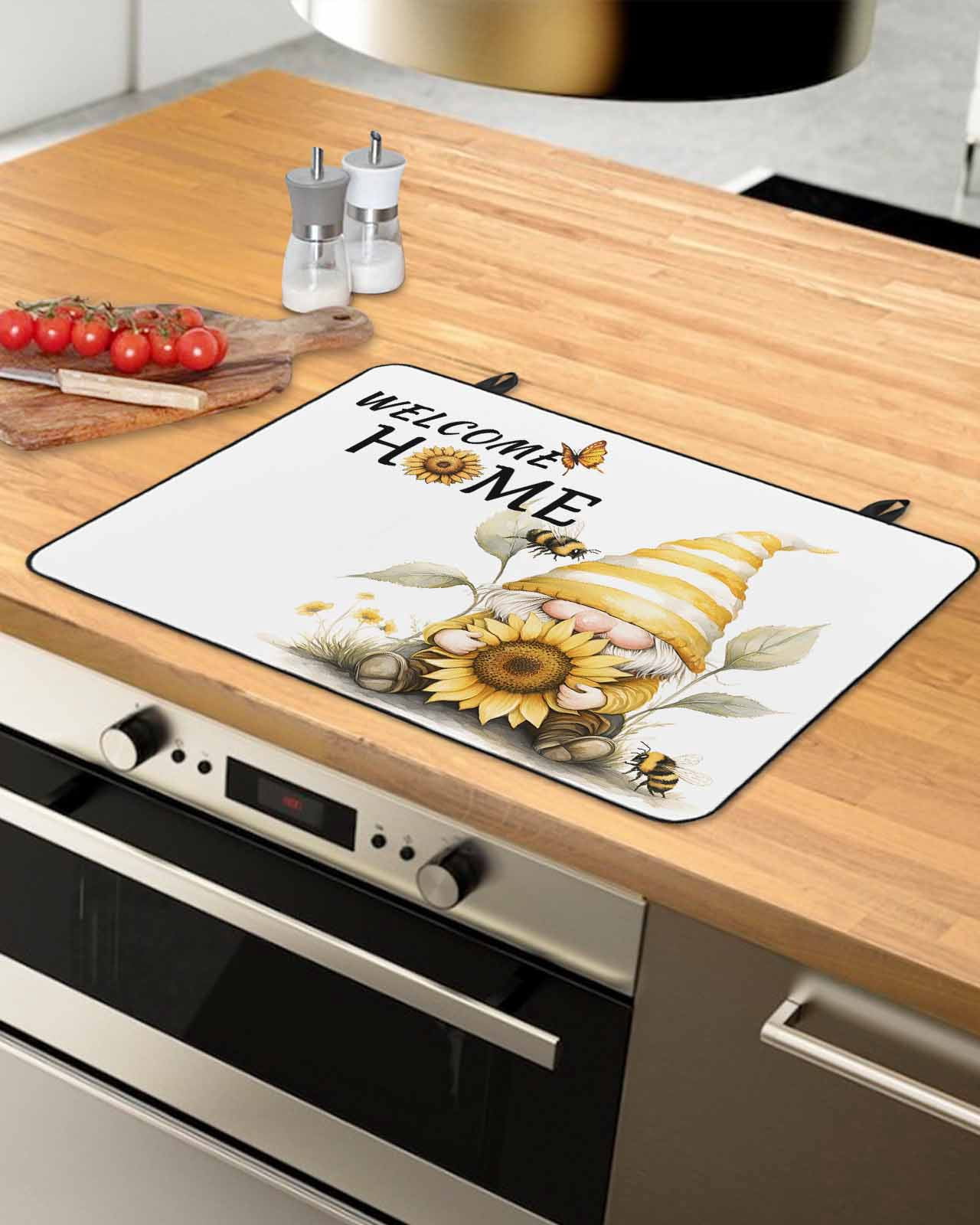 nqOlkjepod Large Induction Cooktop Protector Mat 28.5"x20.5", Yellow Sunflower Stove Top Covers for Electric Stove, Gnomes Vintage Bee Butterfly Art Stove Burner Cover Mats, Glass Top Stove Cover