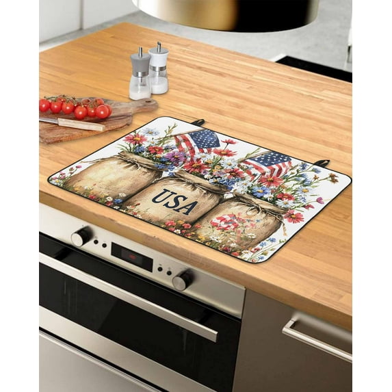 nqOlkjepod Large Induction Cooktop Protector Mat 31"x24", American Flag Stove Top Covers for Electric Stove, Vintage Daisy Flower Farmhouse Sfyle Stove Burner Cover Mats, Glass Top Stove Cover