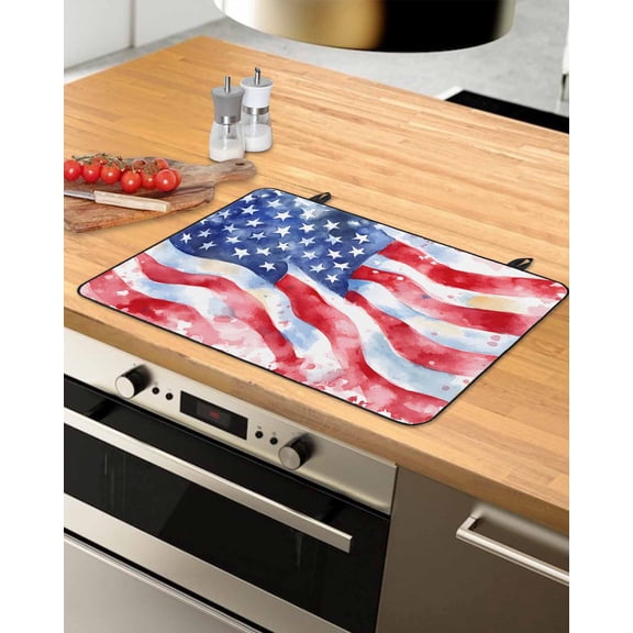 nqOlkjepod Large Induction Cooktop Protector Mat 31"x24", American Flag Stove Top Covers for Electric Stove, Watercolor Farmhouse USA Flag Decorative Stove Burner Cover Mats, Glass Top Stove Cover